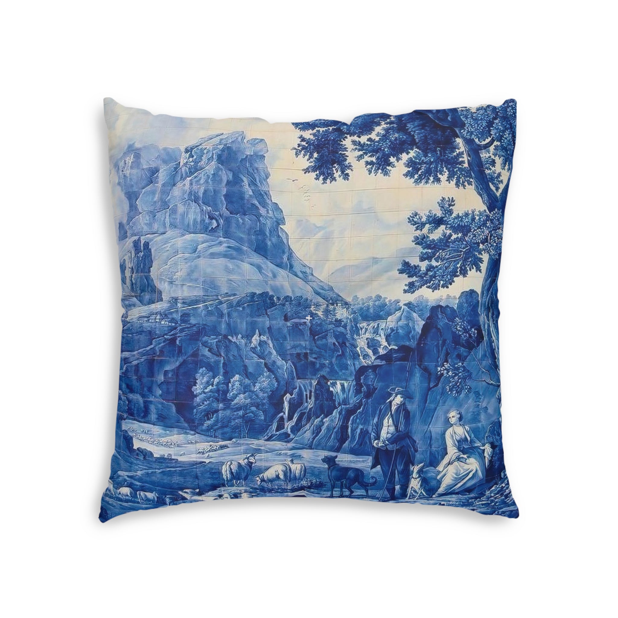 Blue and White Delft Tile Toile Tufted Floor Pillow, Home Decor