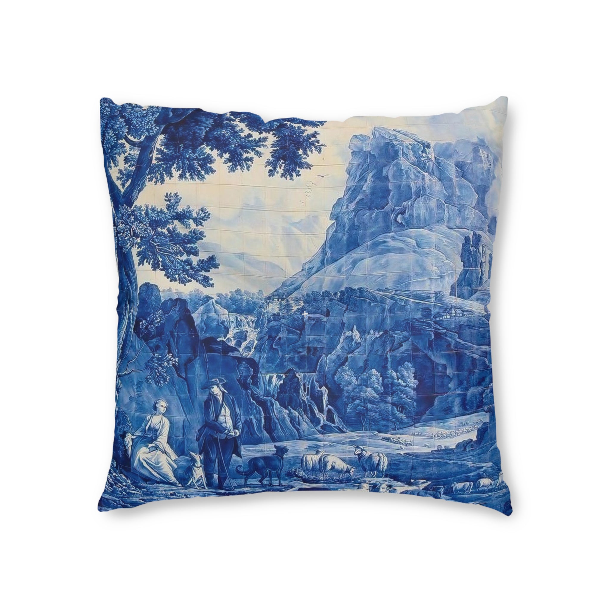 Blue and White Delft Tile Toile Tufted Floor Pillow, Home Decor