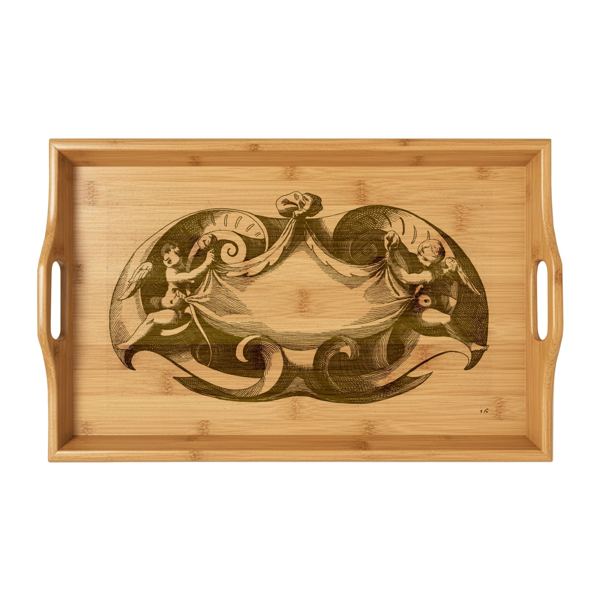 Ornate Antique Cherub Cartouche Design - Engraved Bamboo Serving Tray