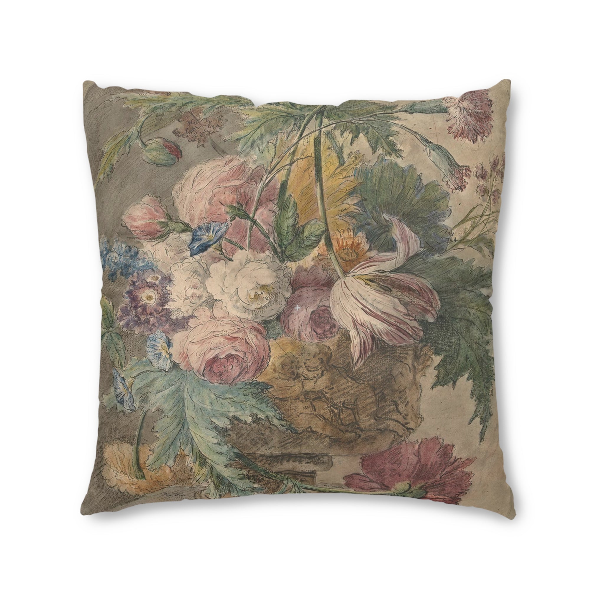 Faded Dutch Floral Tufted Floor Pillow, Square (2 sizes)