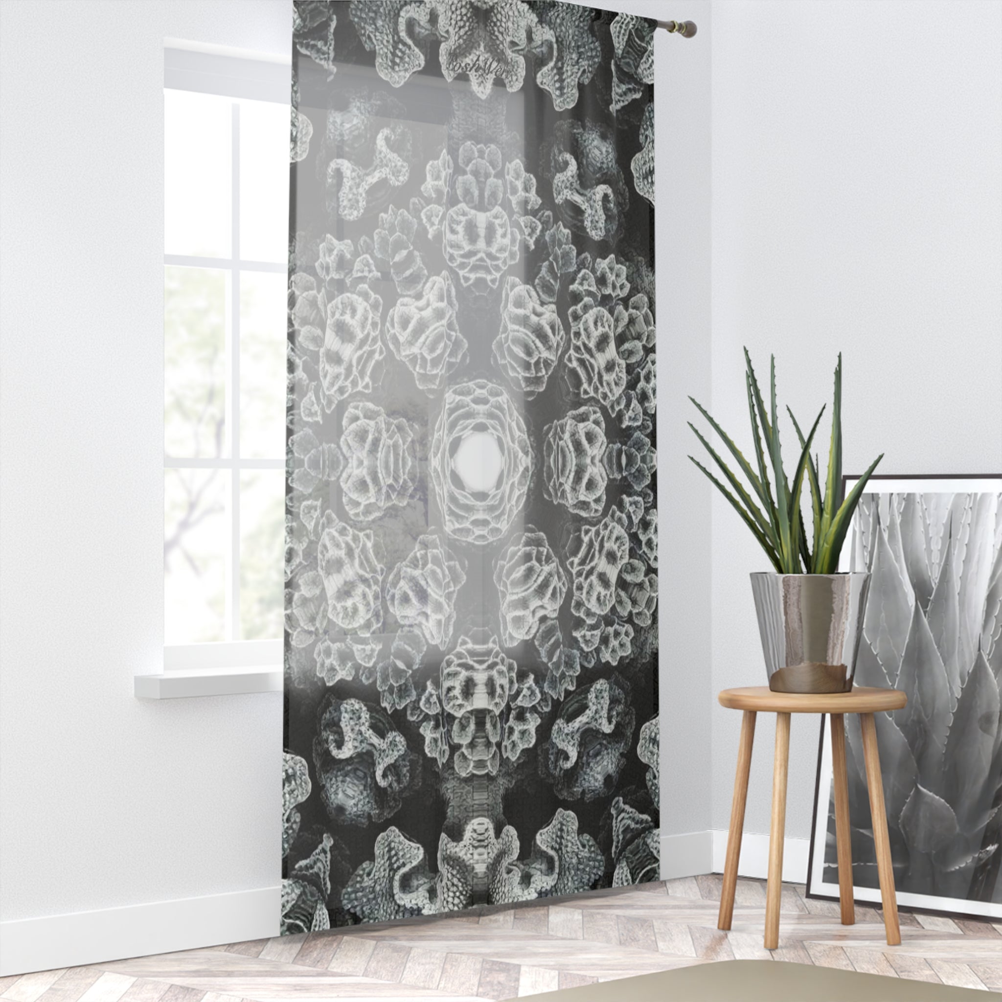 Black And White Coral Semi Sheer Window Curtain