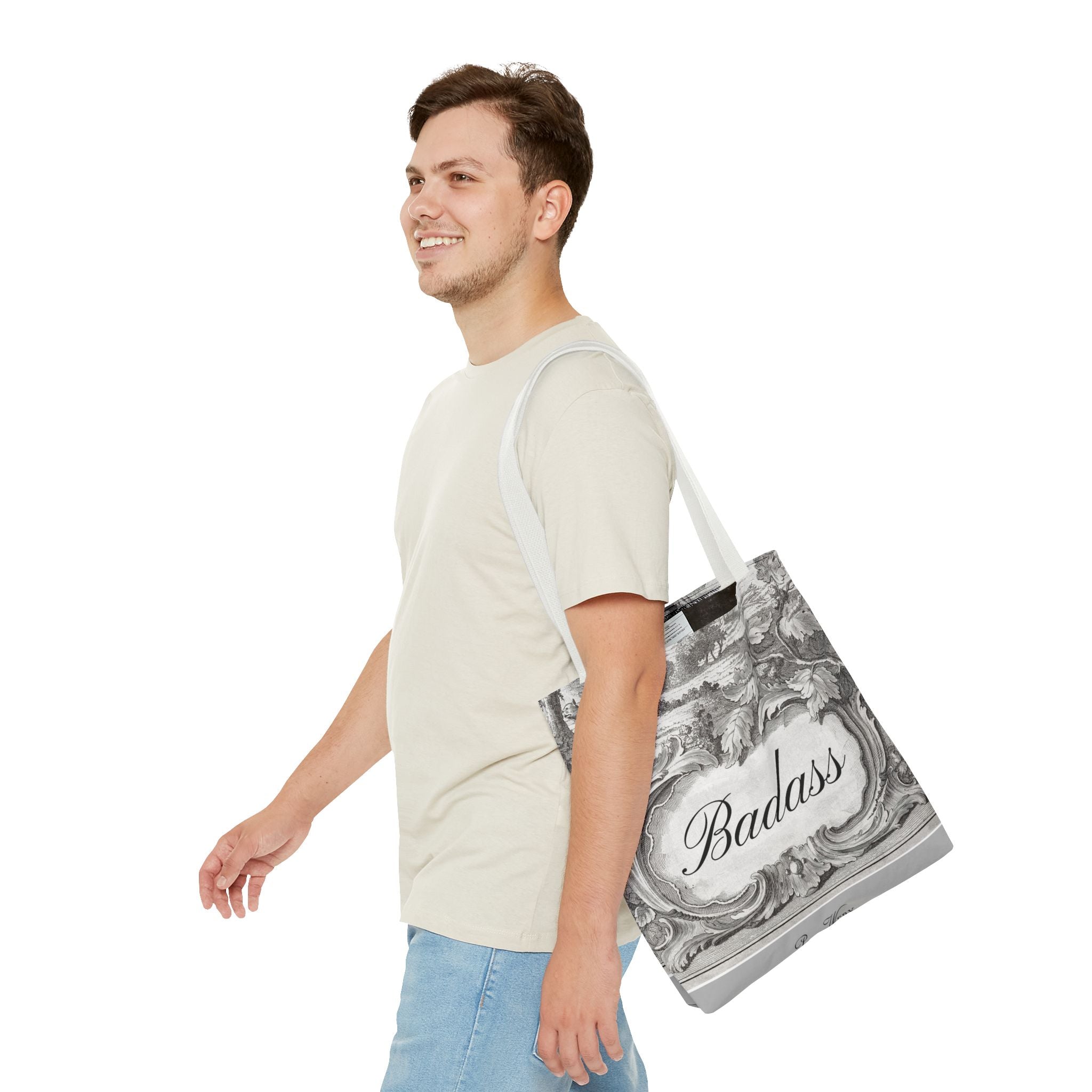 French Toile Cartouche - Badass Tote Bag (3 sizes, 5 handle colors)