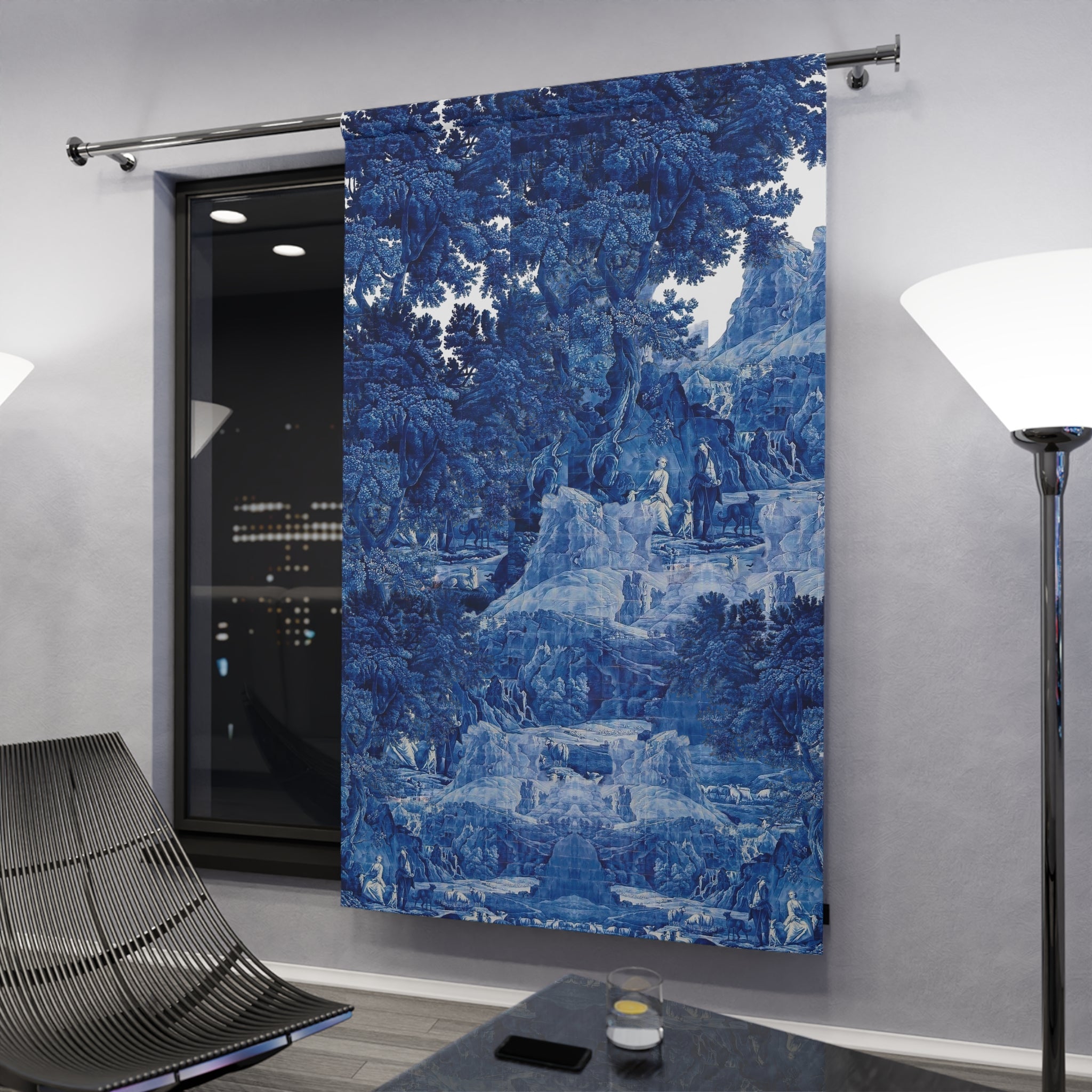 Blue and White Delft Tile Toile Window Curtain - Living Room Decor, Home Drapery