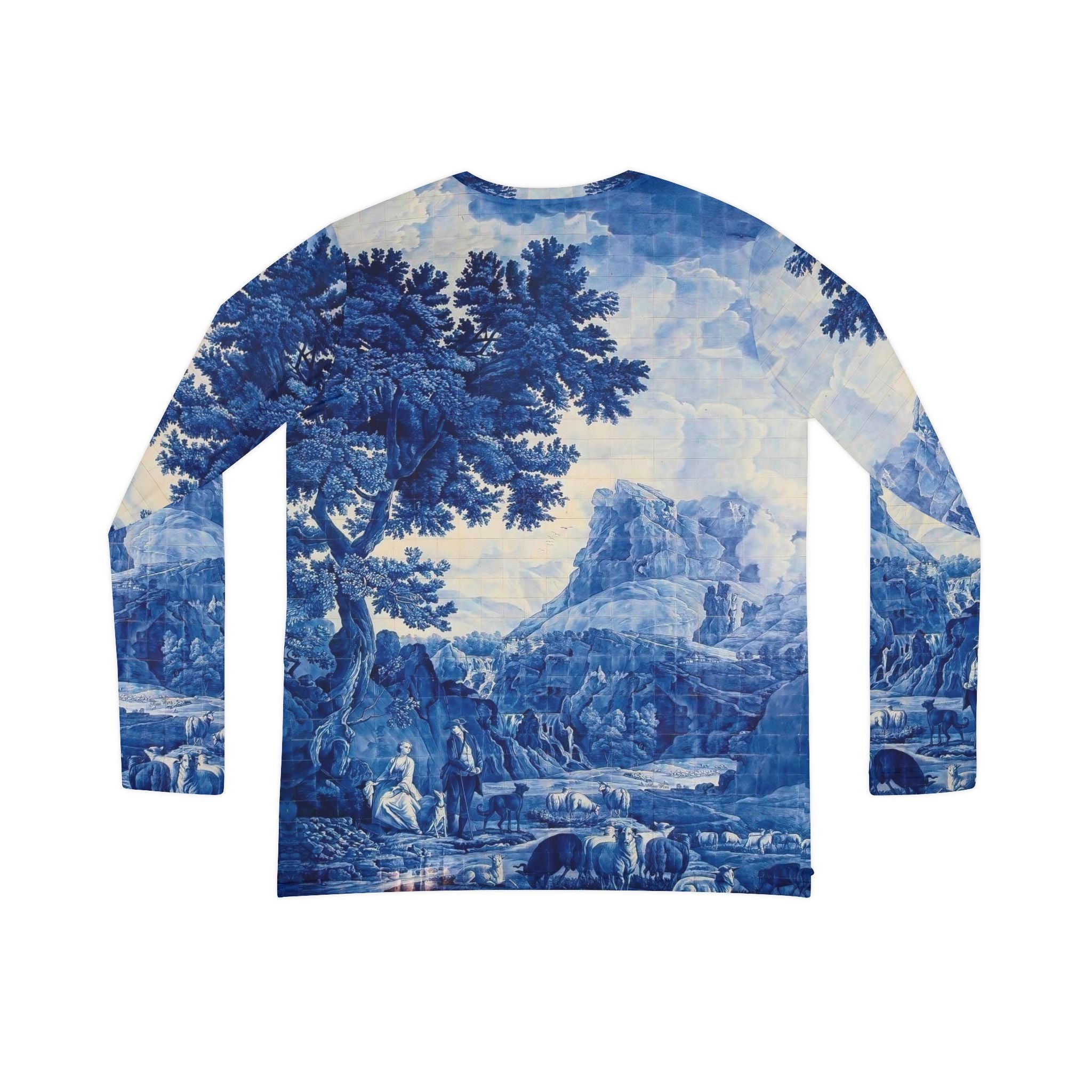 Blue and White Delft Tile Toile Women's Long Sleeve V-neck Shirt (8 sizes)