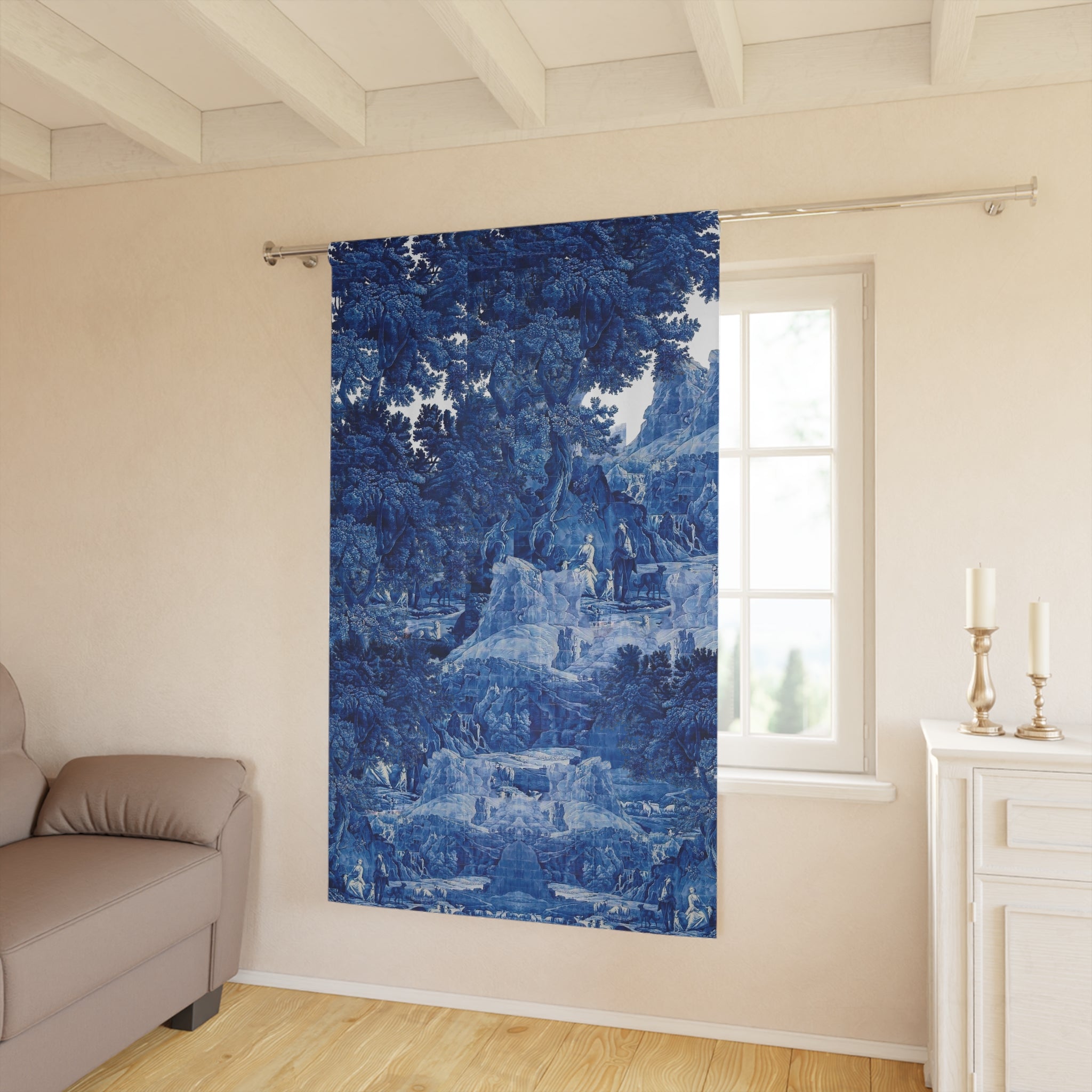 Blue and White Delft Tile Toile Window Curtain - Living Room Decor, Home Drapery