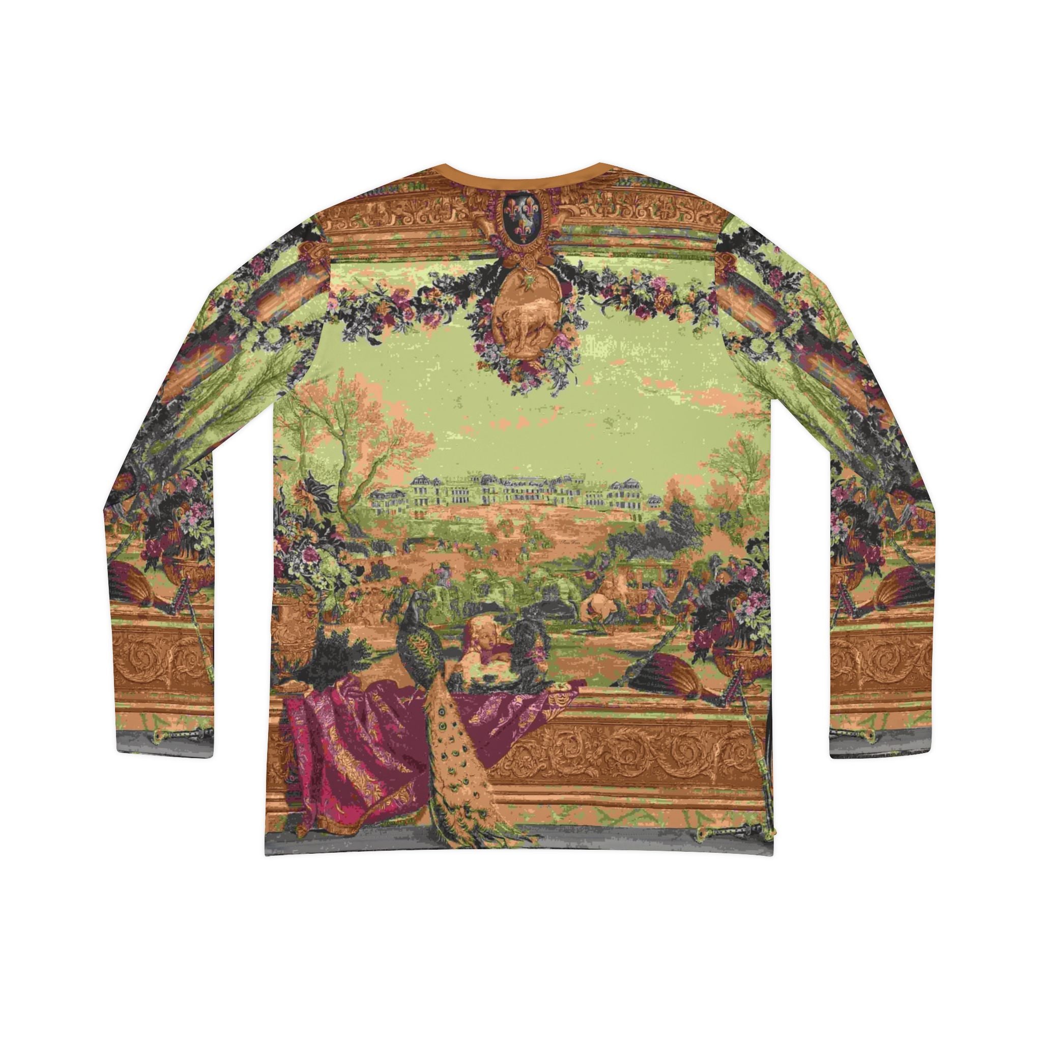 French Tapestry w Peacock and Parrots Women's Long Sleeve V-neck Shirt (8 sizes)