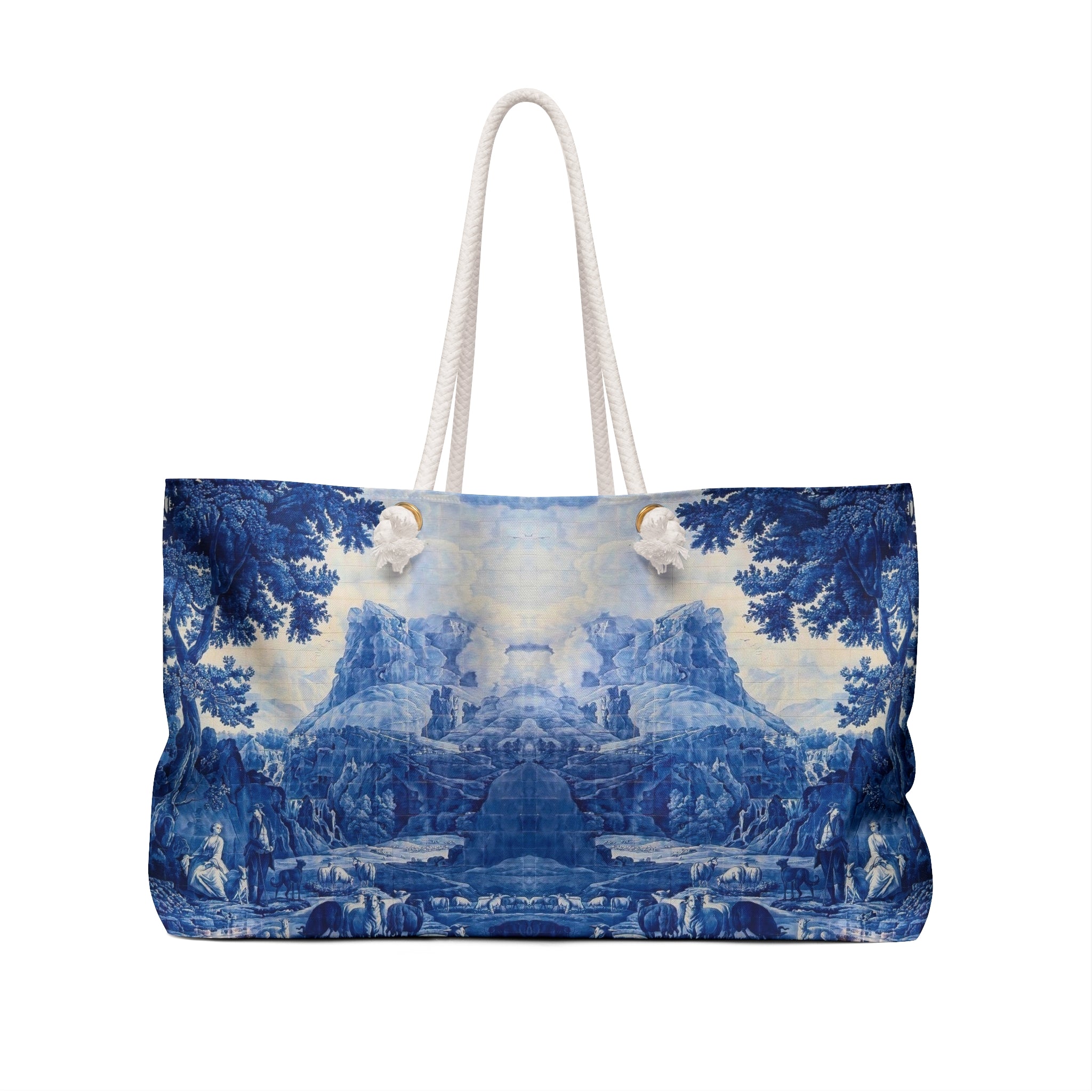 Blue and White Delft Tile Toile Weekender Bag, Travel Tote, Overnight Bag