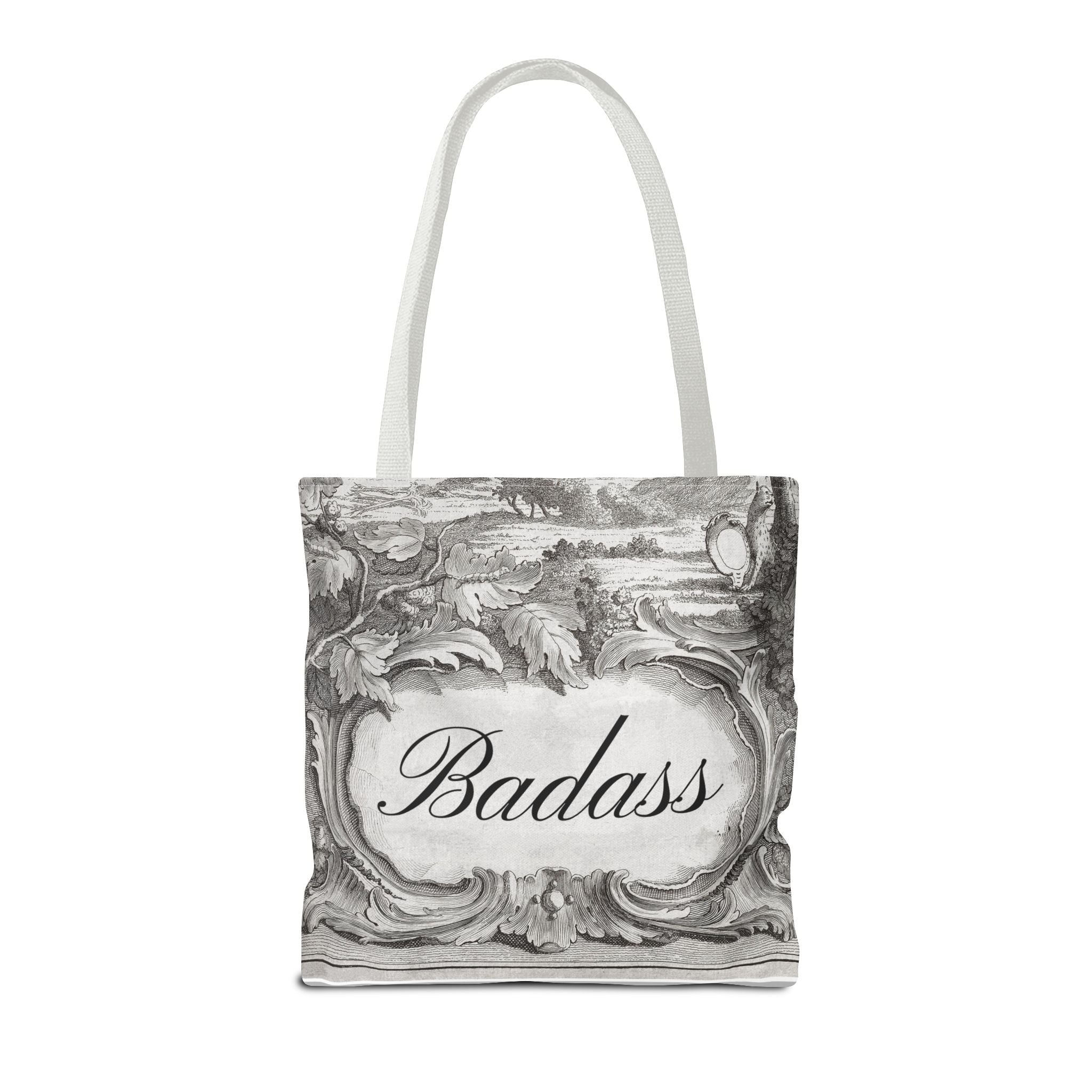 French Toile Cartouche - Badass Tote Bag (3 sizes, 5 handle colors)