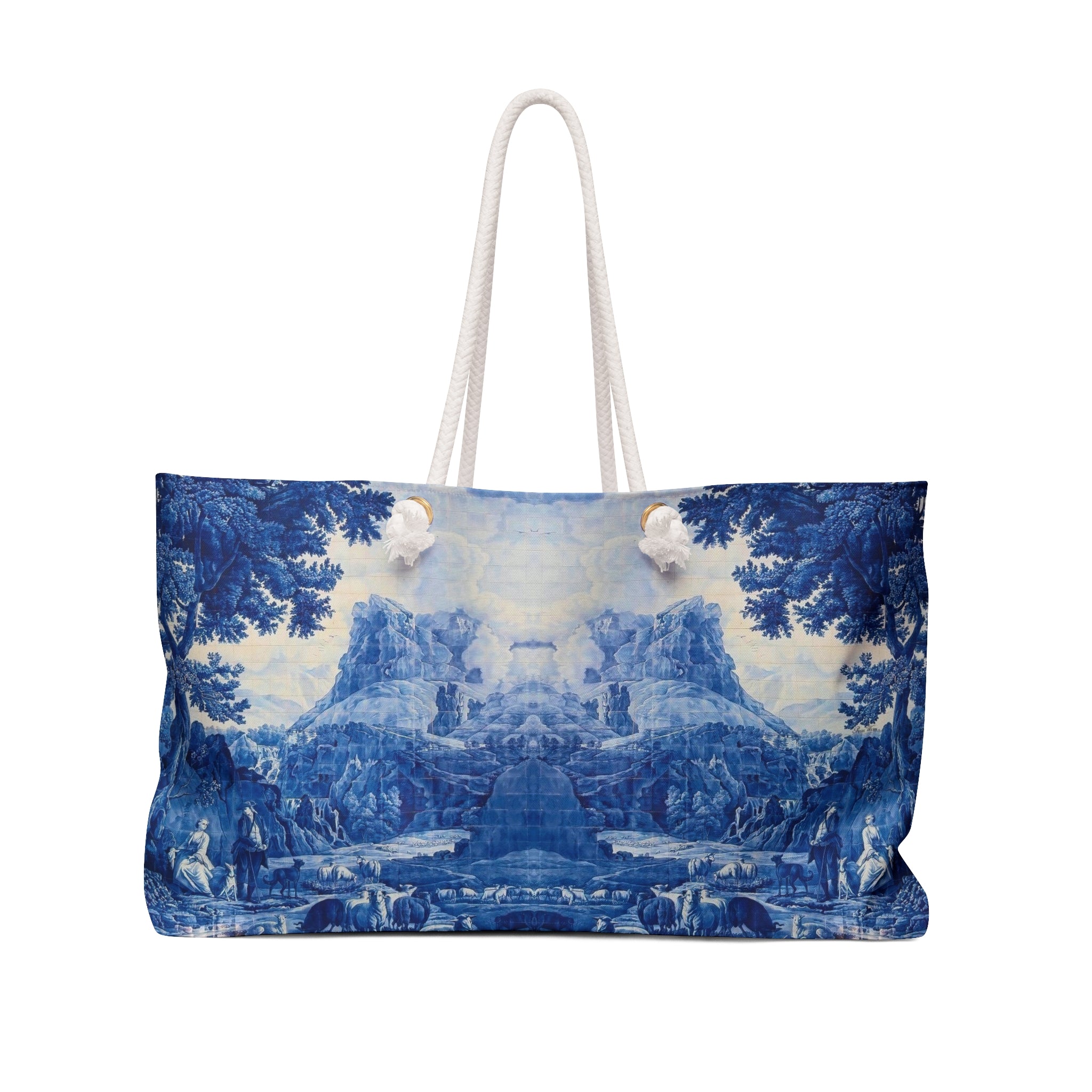 Blue and White Delft Tile Toile Weekender Bag, Travel Tote, Overnight Bag