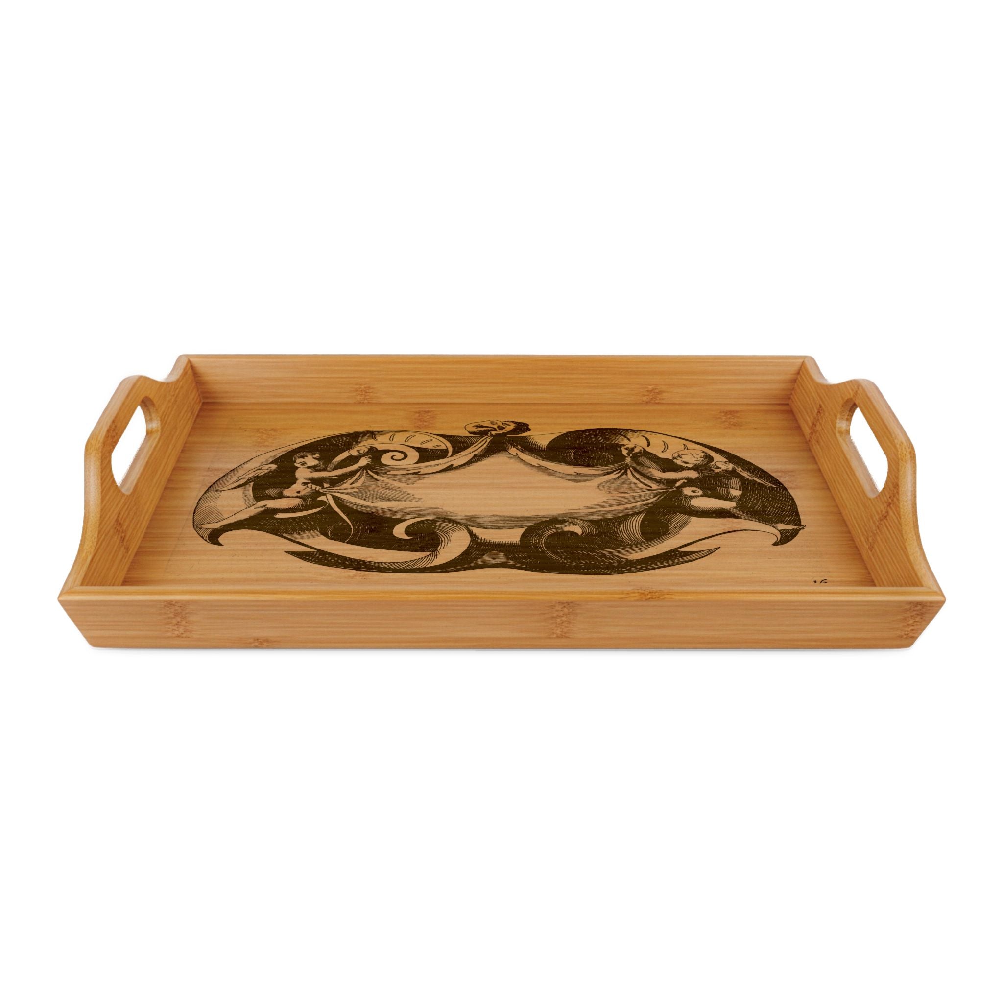 Ornate Antique Cherub Cartouche Design - Engraved Bamboo Serving Tray