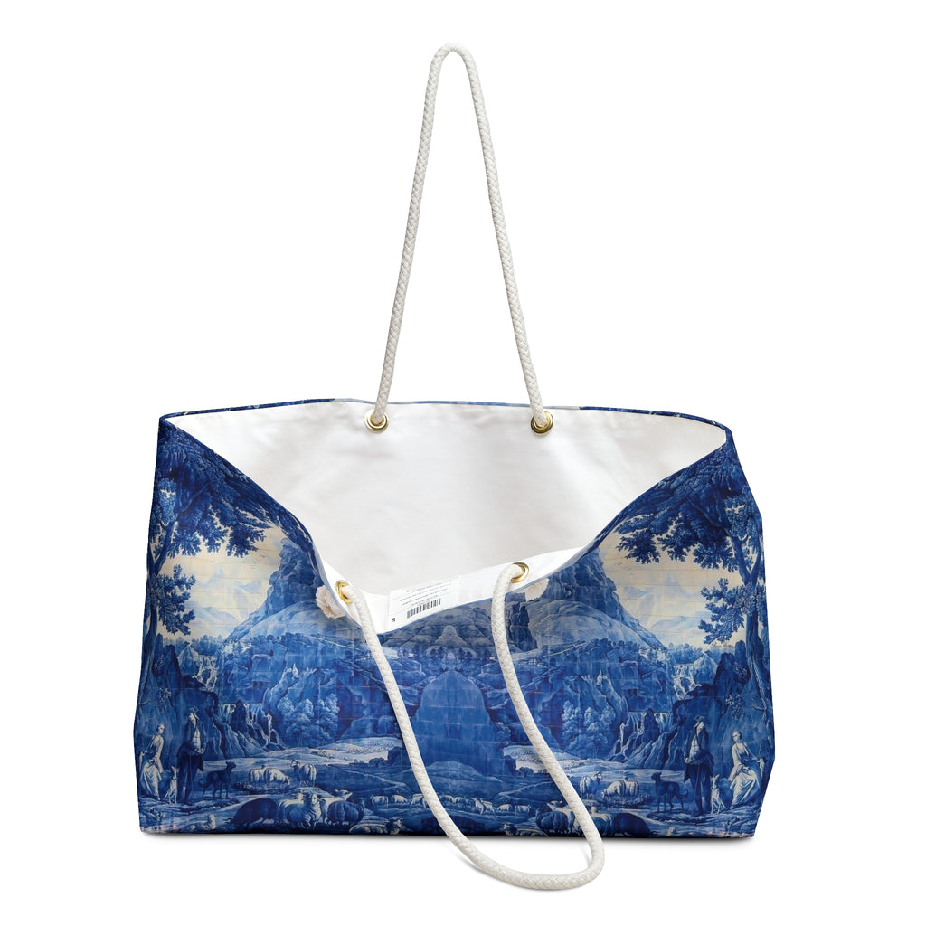 Blue and White Delft Tile Toile Weekender Bag, Travel Tote, Overnight Bag