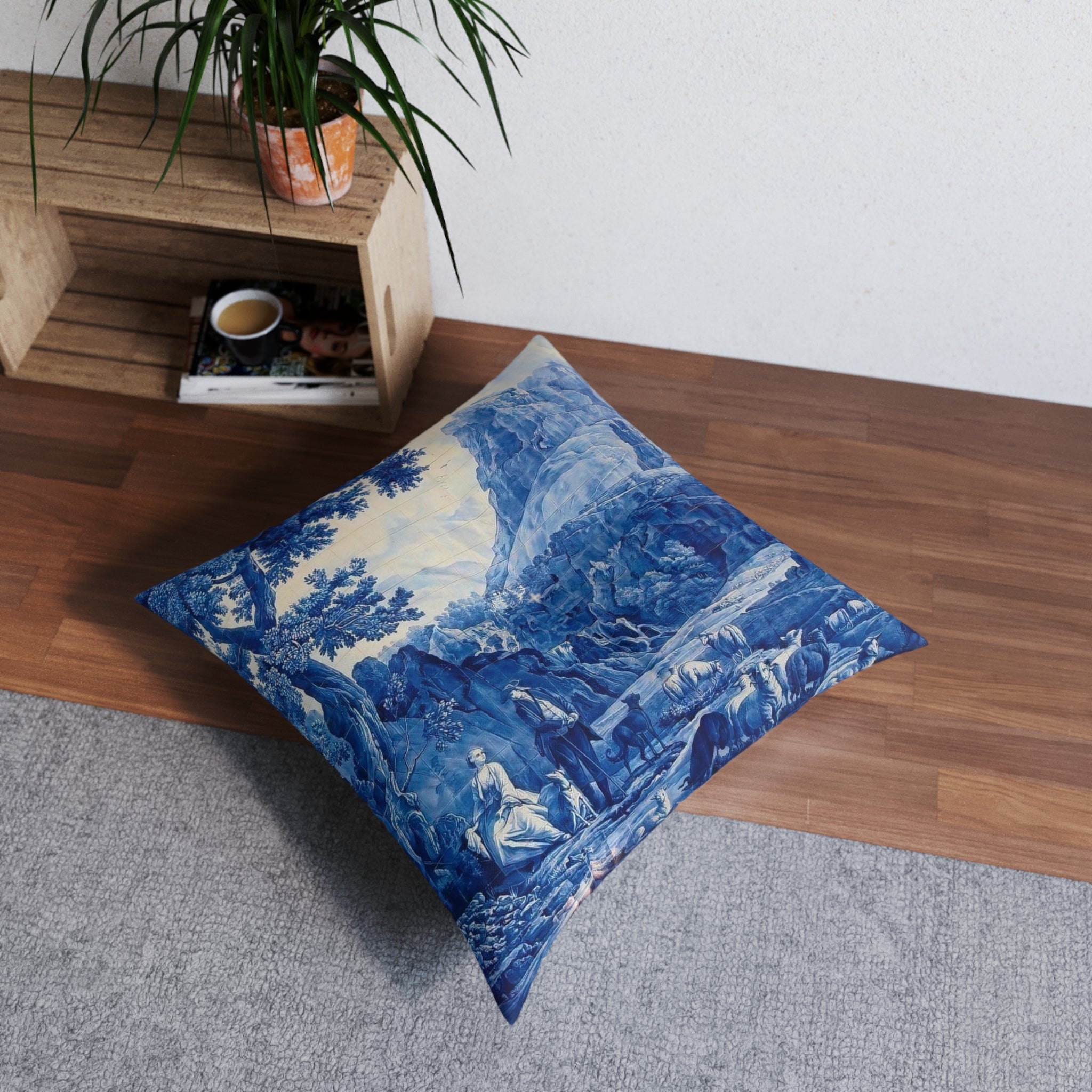 Blue and White Delft Tile Toile Tufted Floor Pillow, Home Decor