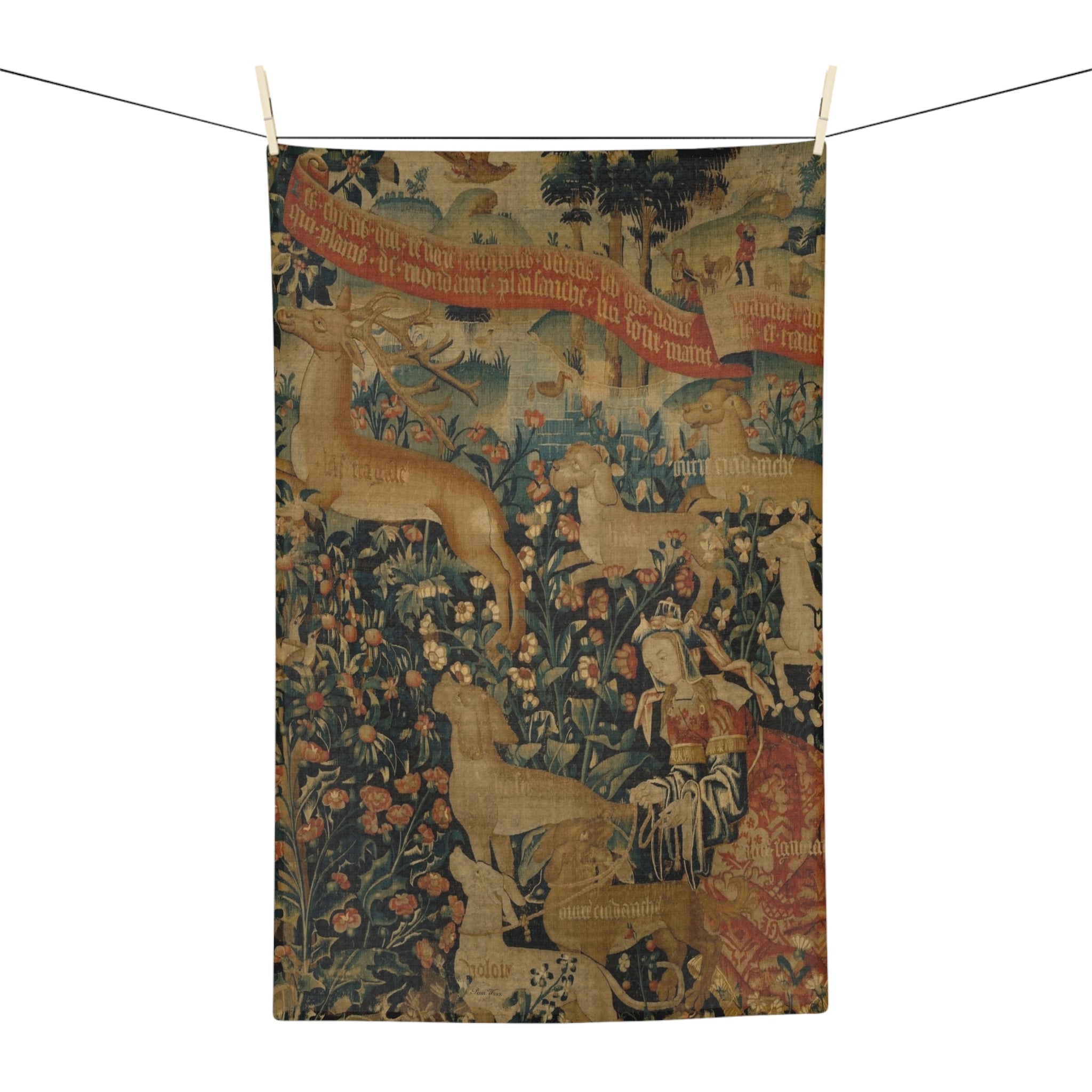 French Tapestry with Red Ribbon Microfiber Tea Towel /Kitchen / Barware