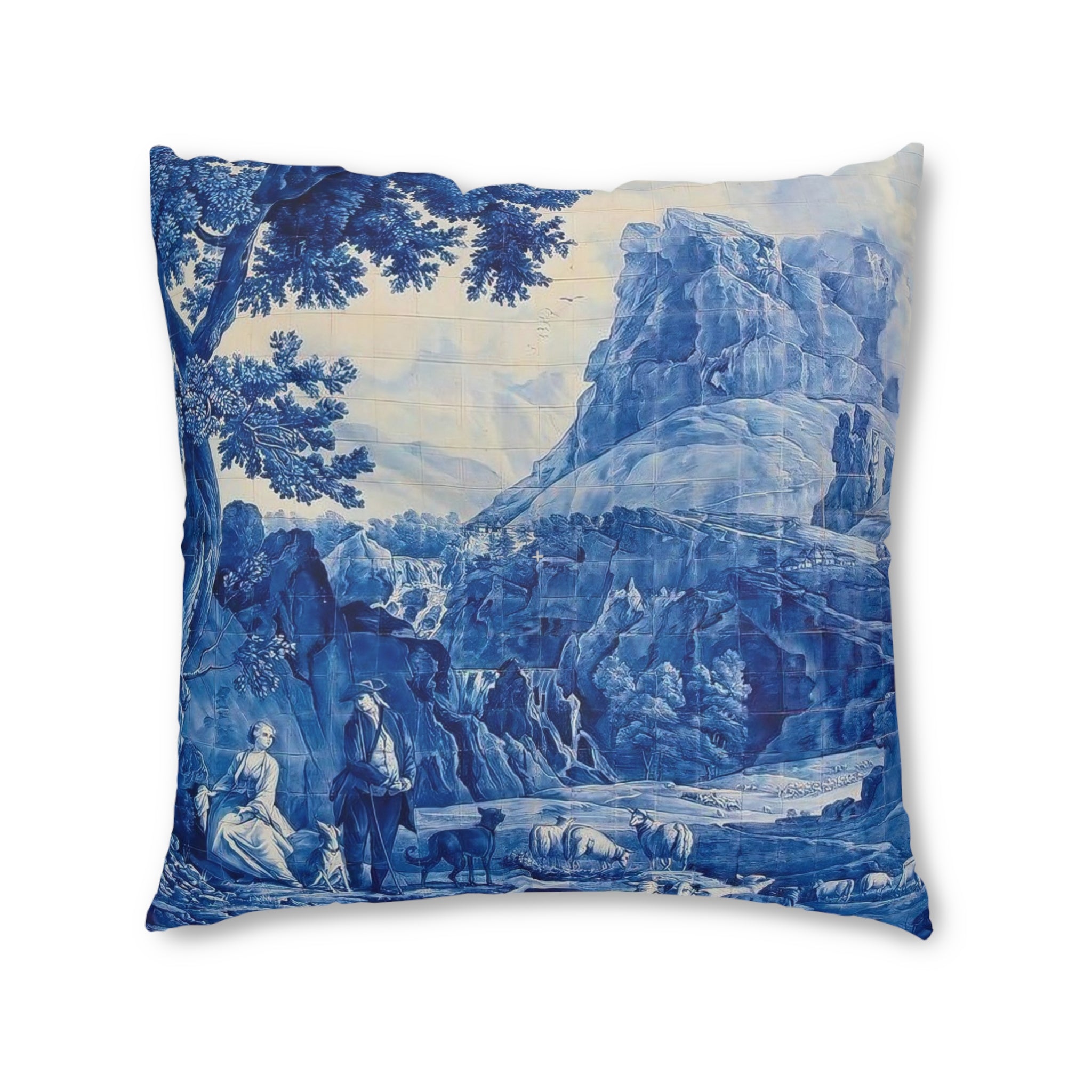 Blue and White Delft Tile Toile Tufted Floor Pillow, Home Decor