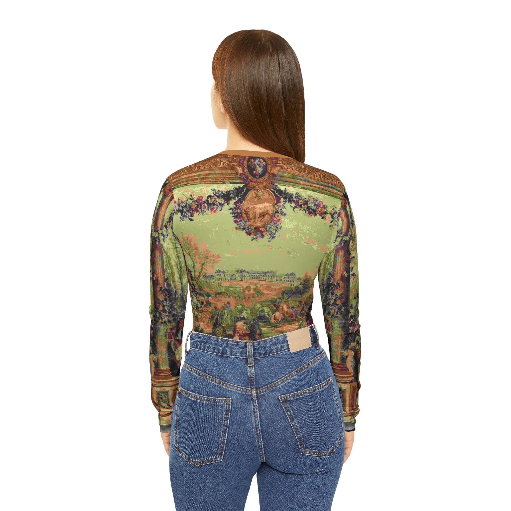 French Tapestry w Peacock and Parrots Women's Long Sleeve V-neck Shirt (8 sizes)