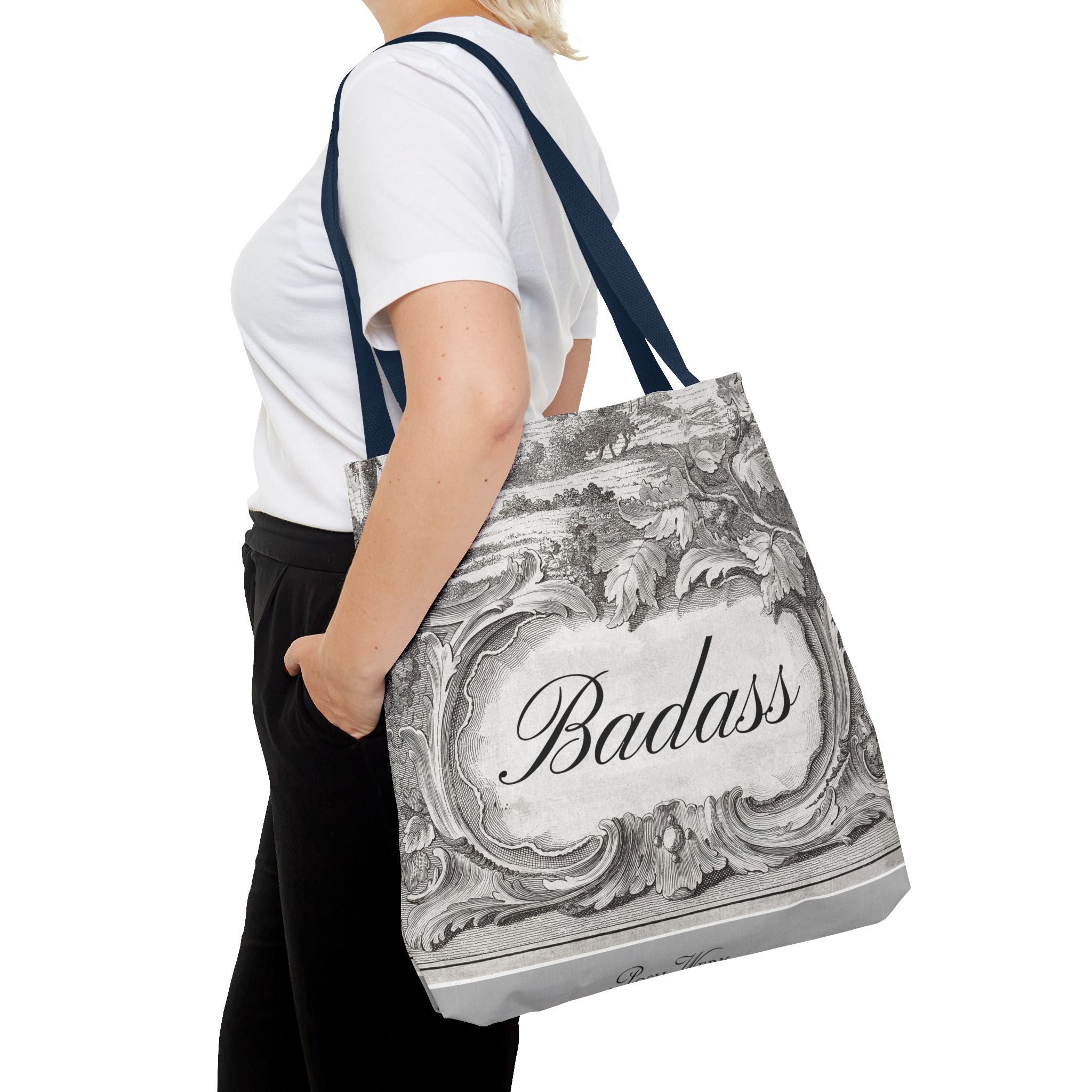 French Toile Cartouche - Badass Tote Bag (3 sizes, 5 handle colors)