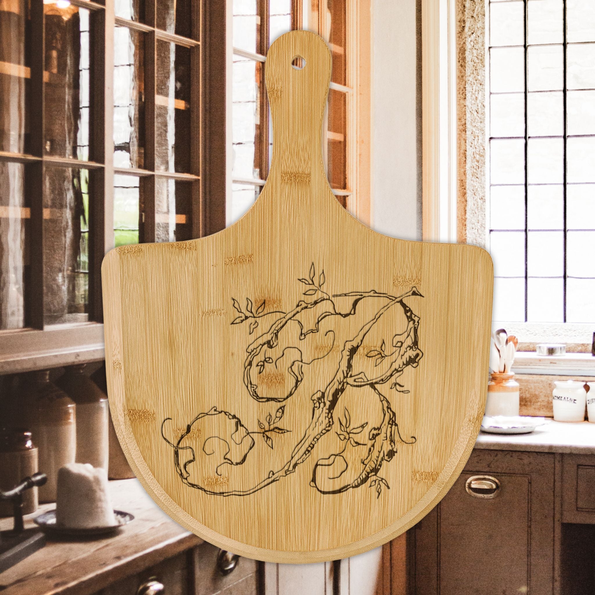 Engraved Bamboo Pizza Board – Rustic Letter B Design, Kitchen