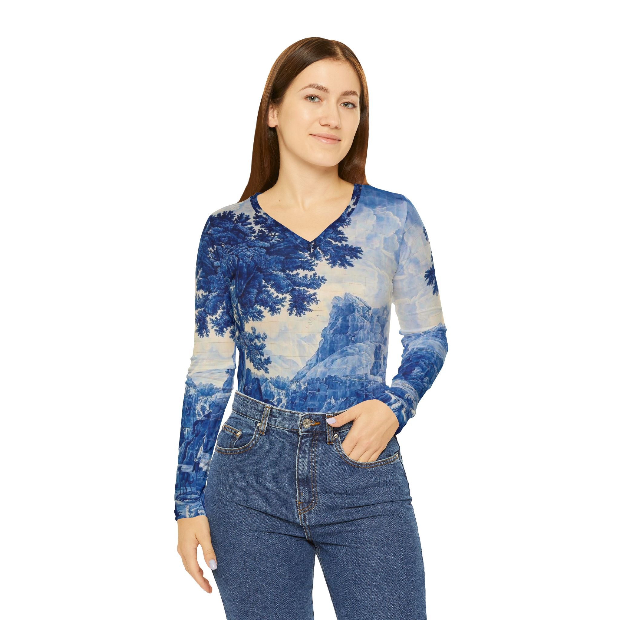 Blue and White Delft Tile Toile Women's Long Sleeve V-neck Shirt (8 sizes)