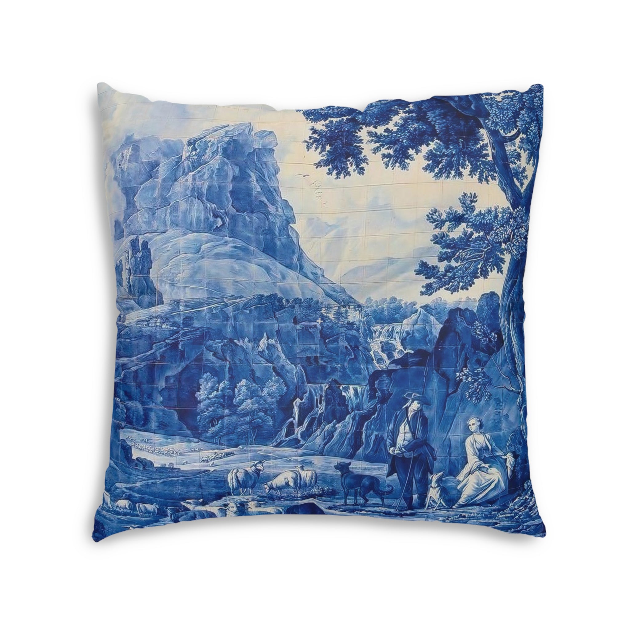 Blue and White Delft Tile Toile Tufted Floor Pillow, Home Decor