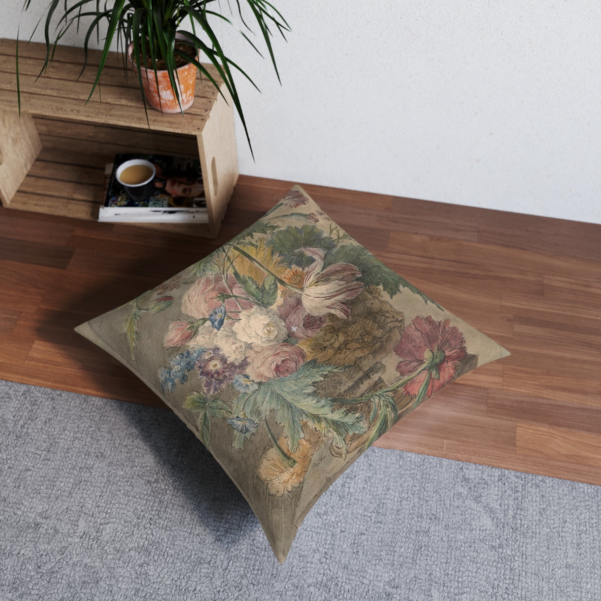 Faded Dutch Floral Tufted Floor Pillow, Square (2 sizes)