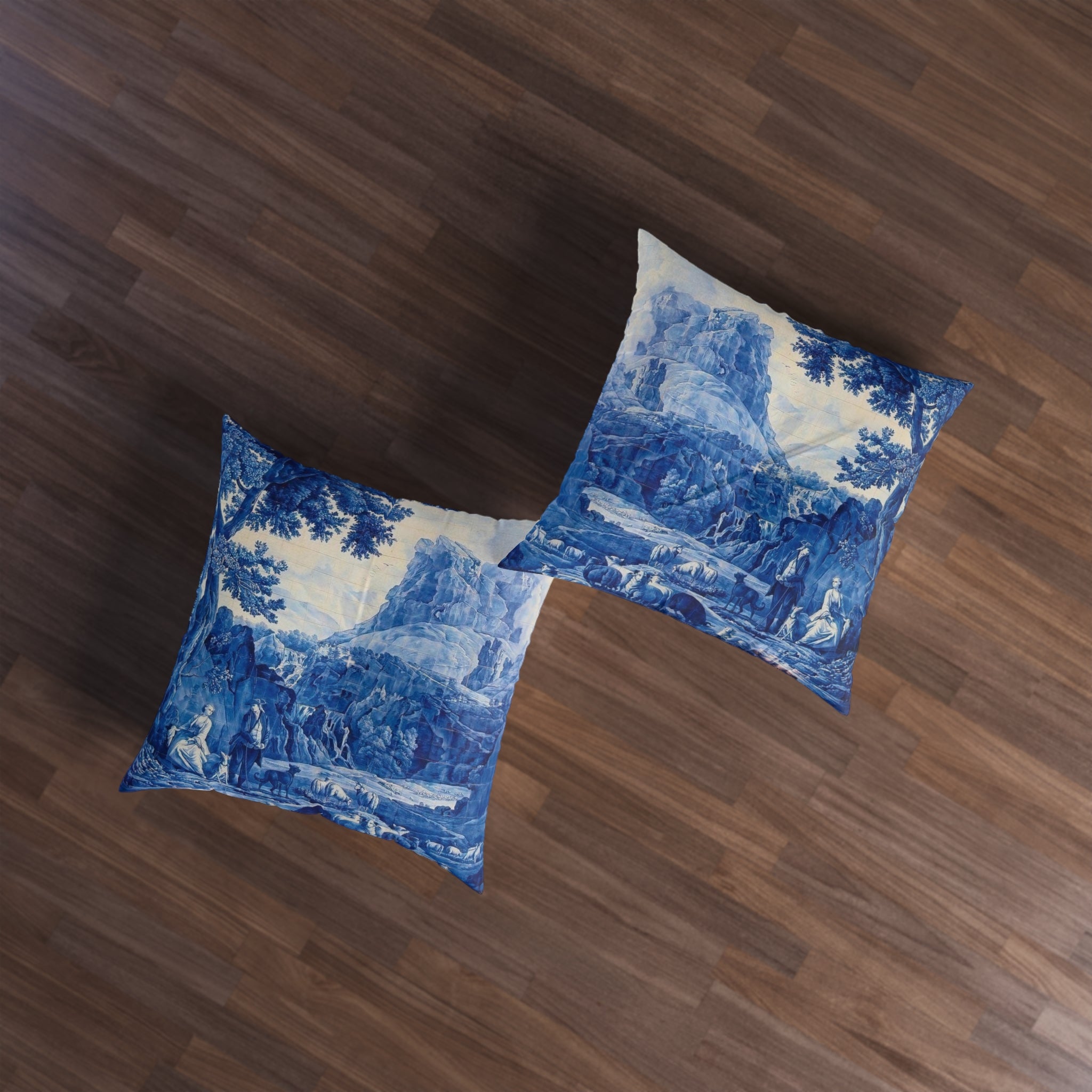 Blue and White Delft Tile Toile Tufted Floor Pillow, Home Decor