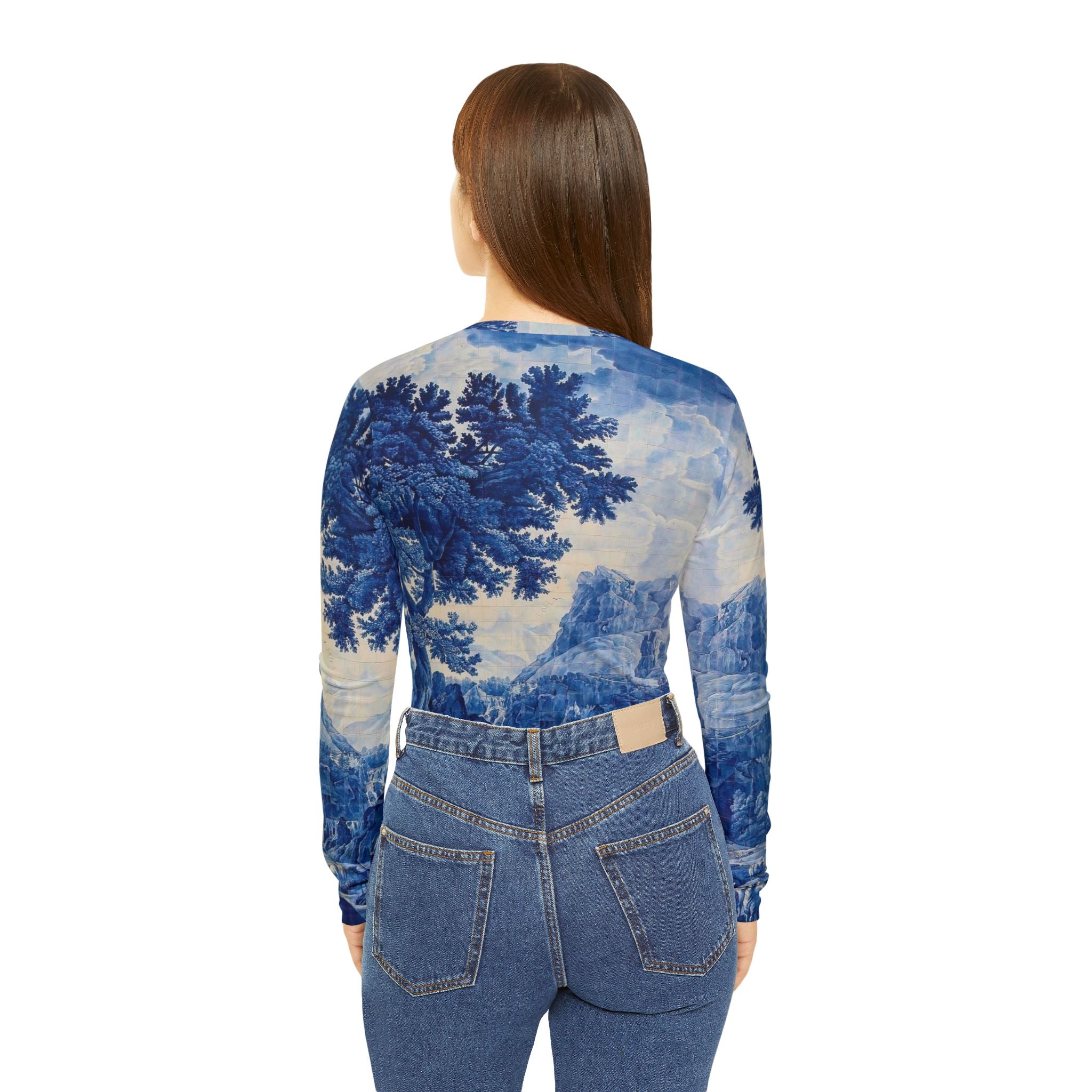 Blue and White Delft Tile Toile Women's Long Sleeve V-neck Shirt (8 sizes)