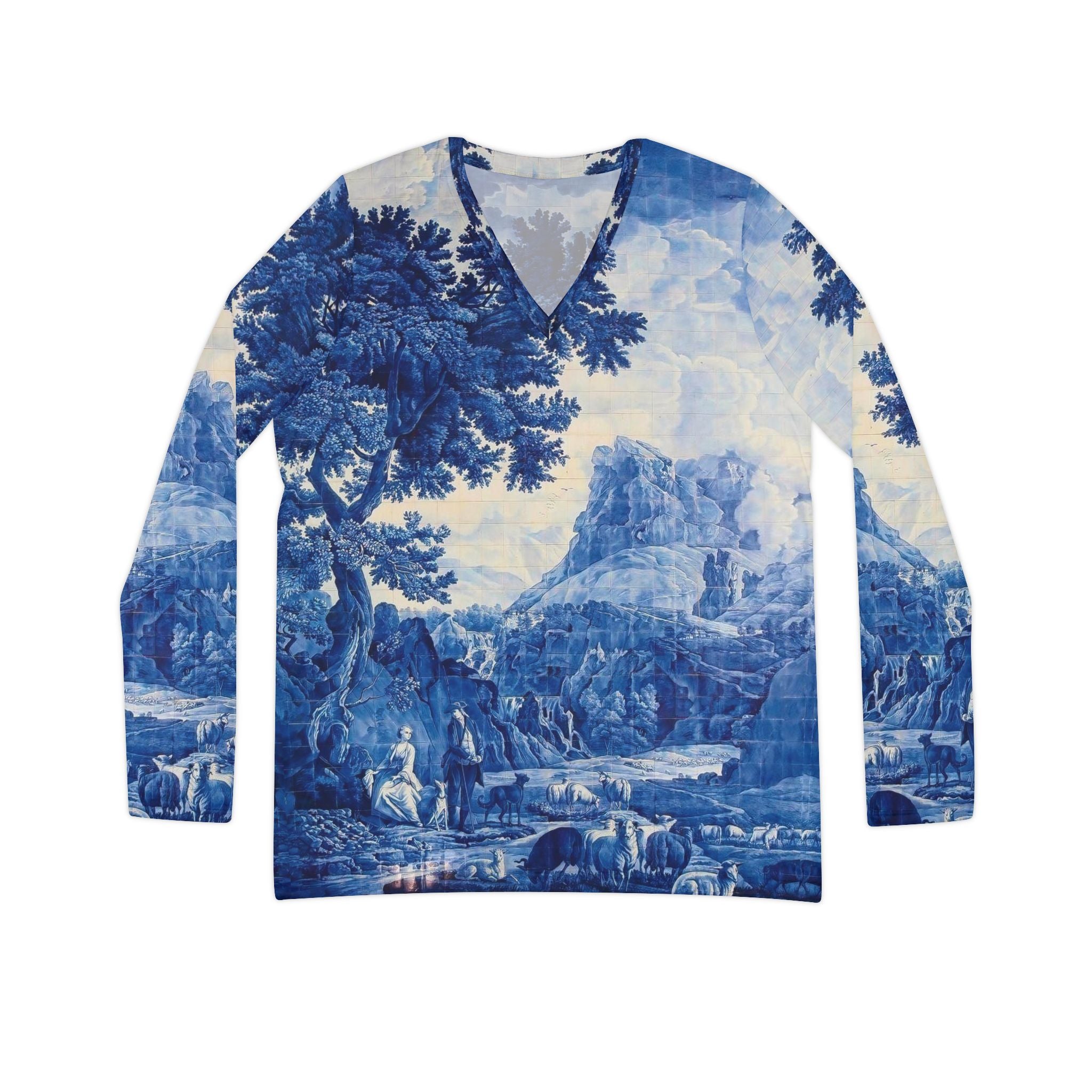 Blue and White Delft Tile Toile Women's Long Sleeve V-neck Shirt (8 sizes)