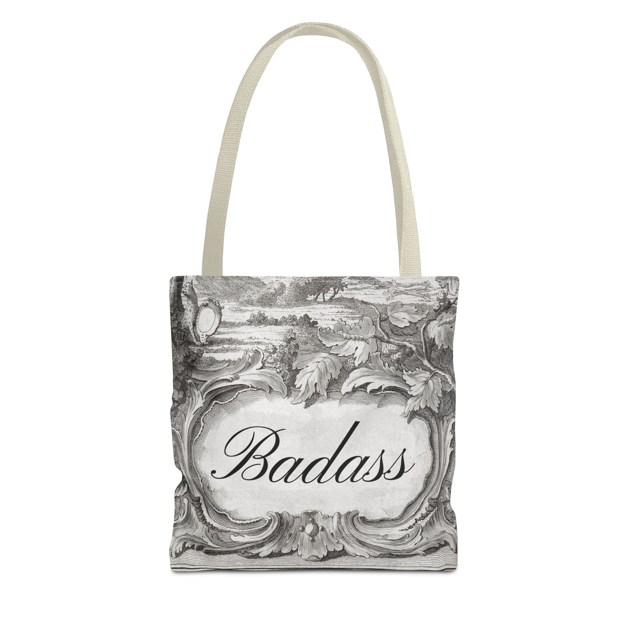 French Toile Cartouche - Badass Tote Bag (3 sizes, 5 handle colors)