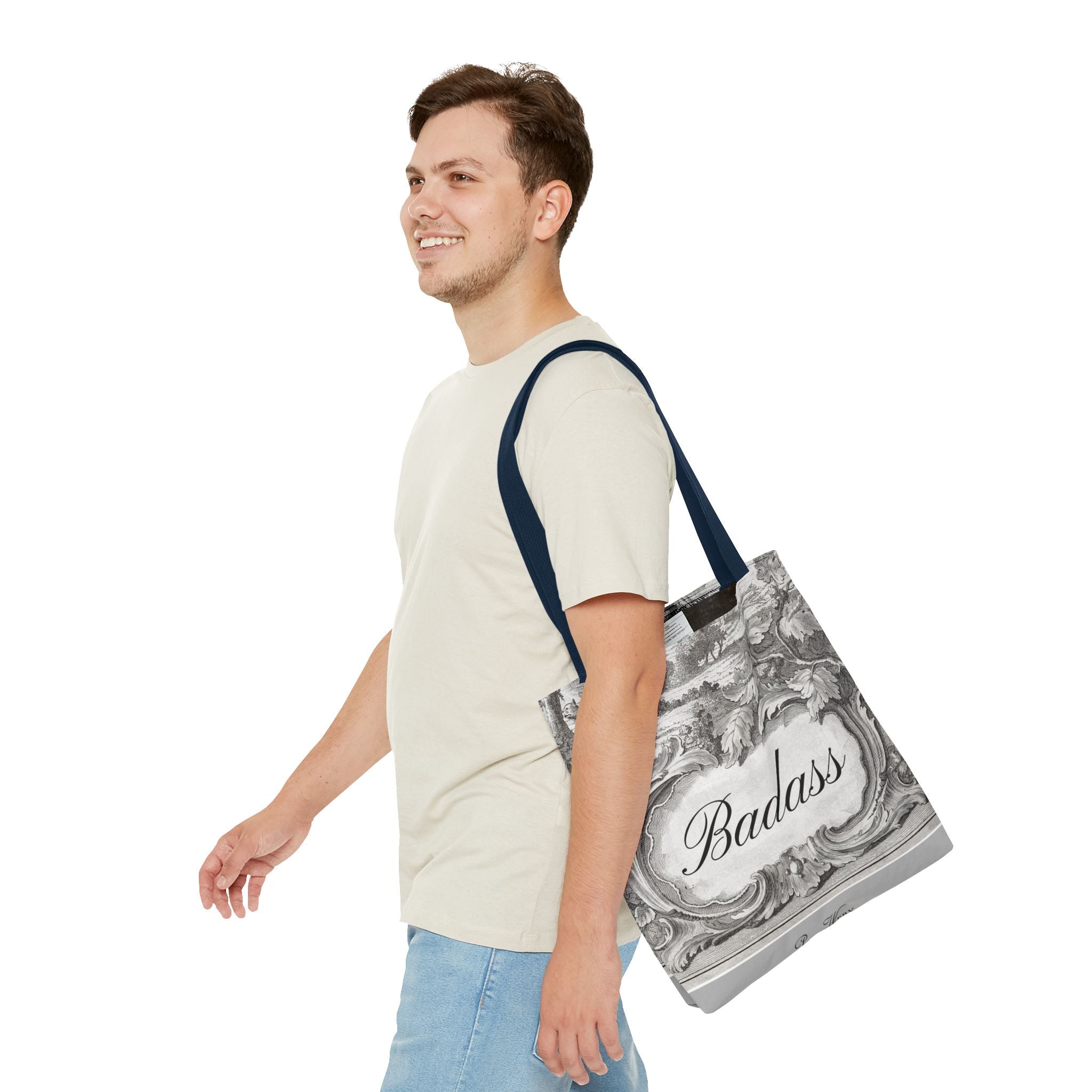 French Toile Cartouche - Badass Tote Bag (3 sizes, 5 handle colors)