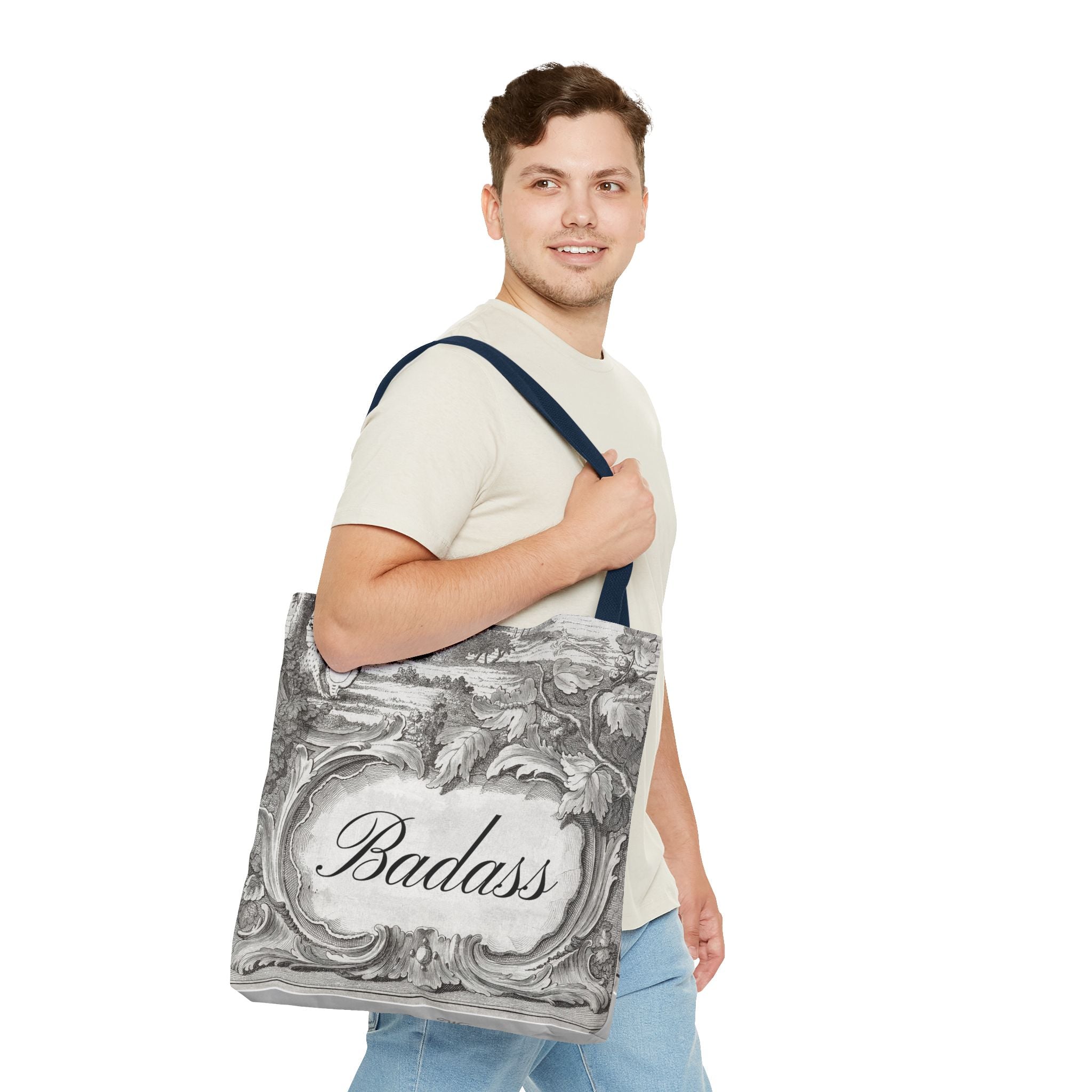 French Toile Cartouche - Badass Tote Bag (3 sizes, 5 handle colors)