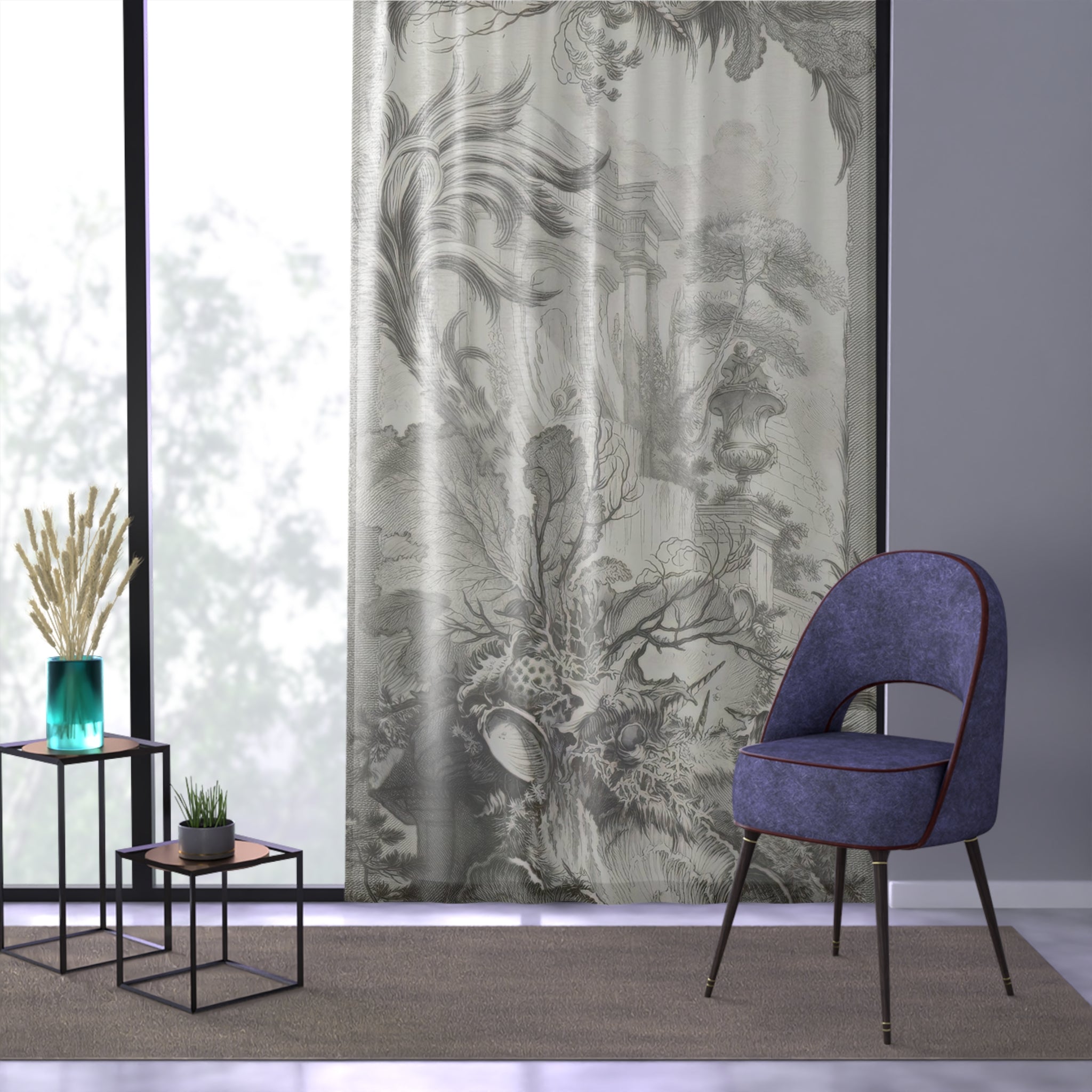 French Toile Sea - Window Curtain (Somewhat Transparent)