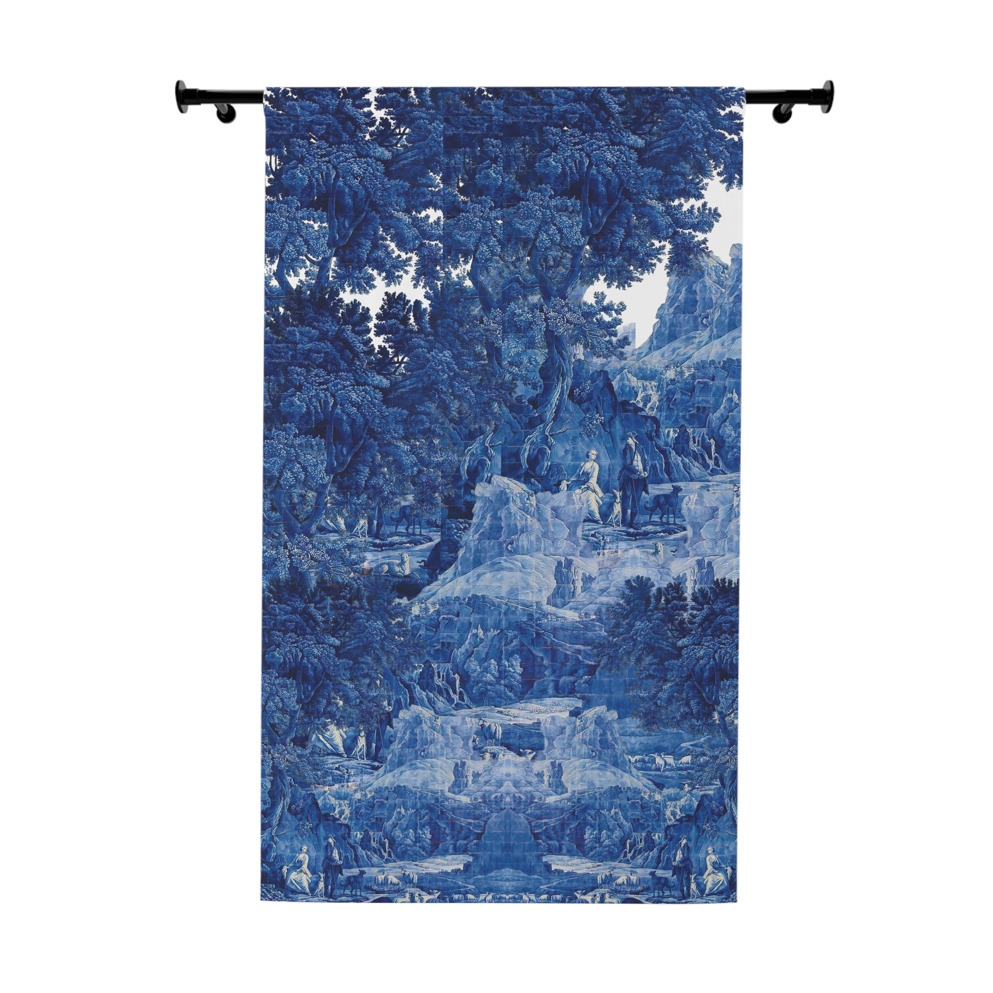 Blue and White Delft Tile Toile Window Curtain - Living Room Decor, Home Drapery