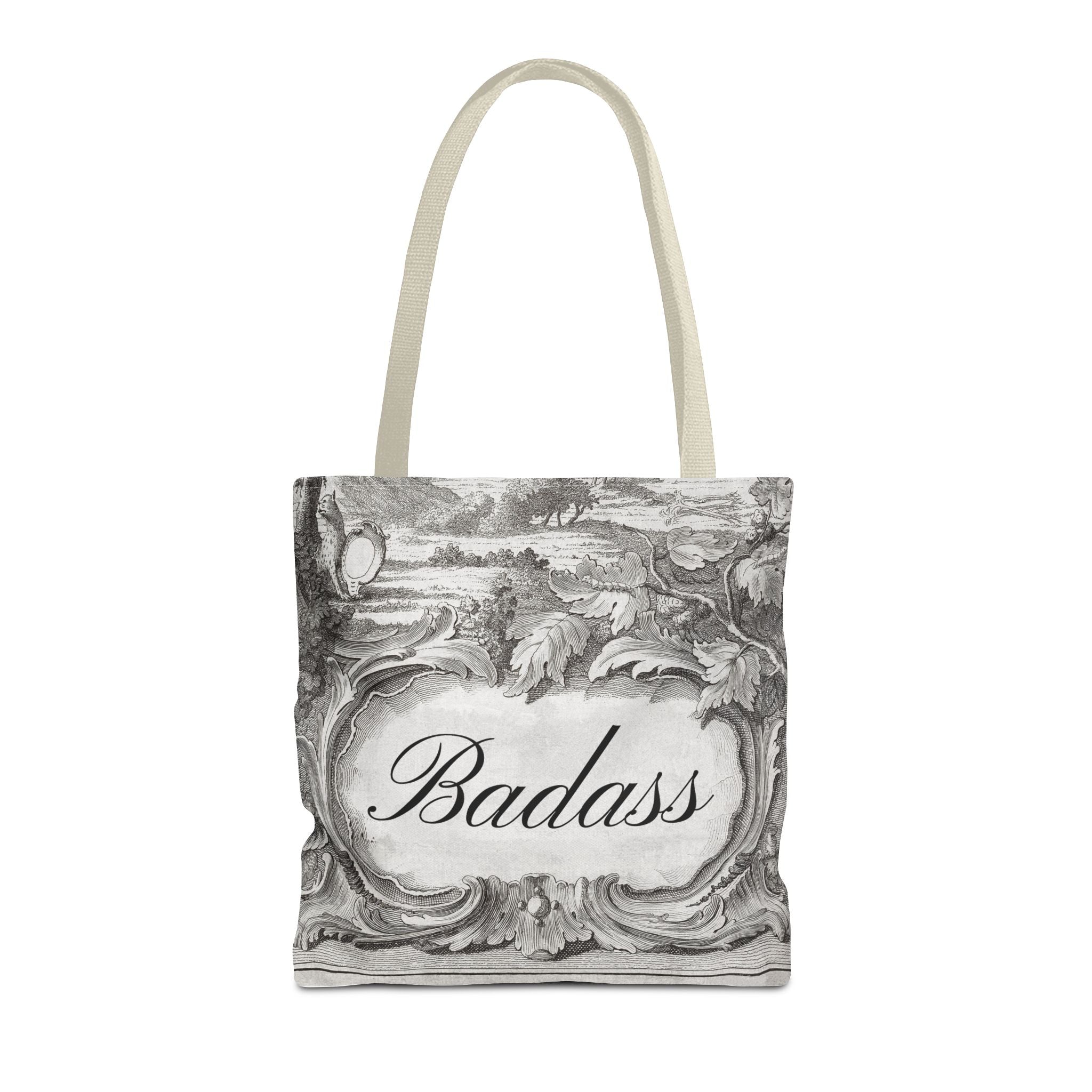 French Toile Cartouche - Badass Tote Bag (3 sizes, 5 handle colors)
