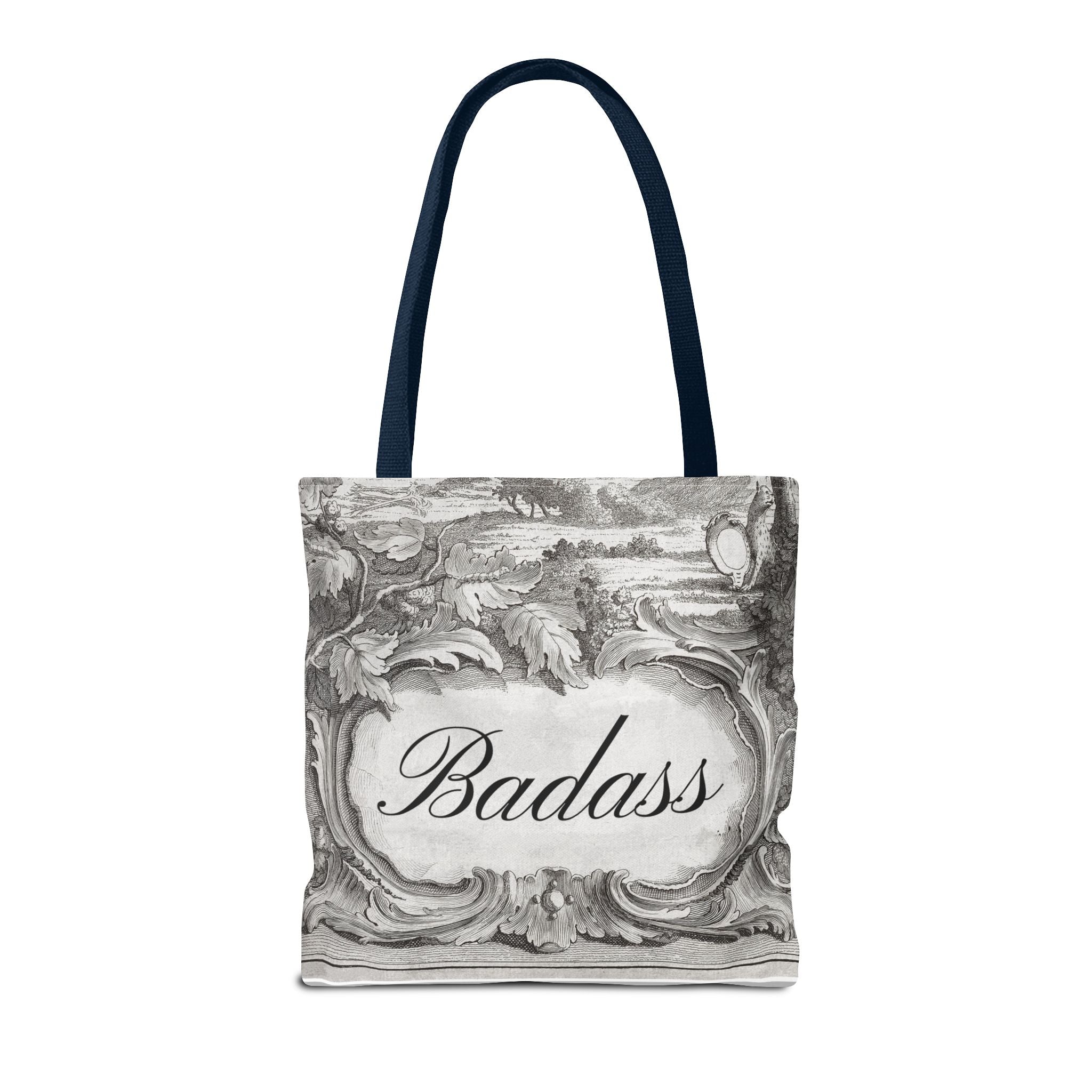 French Toile Cartouche - Badass Tote Bag (3 sizes, 5 handle colors)