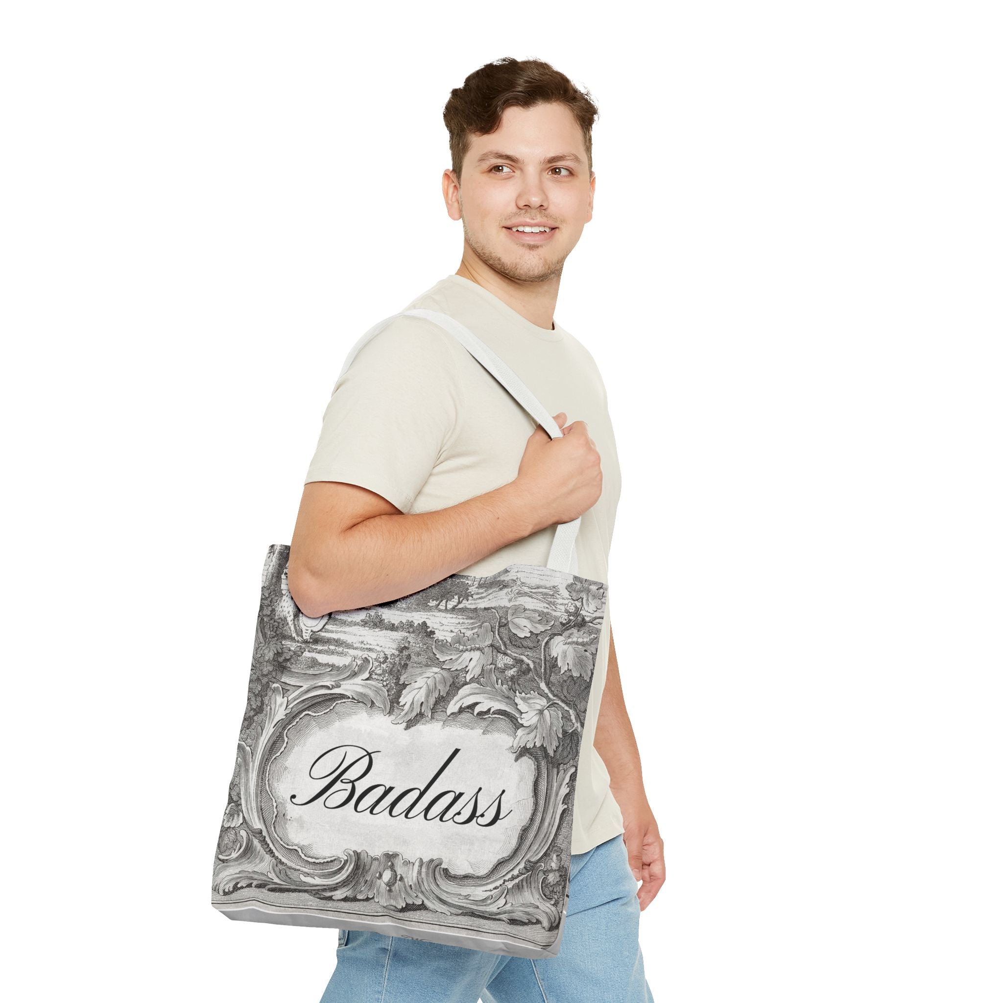 French Toile Cartouche - Badass Tote Bag (3 sizes, 5 handle colors)