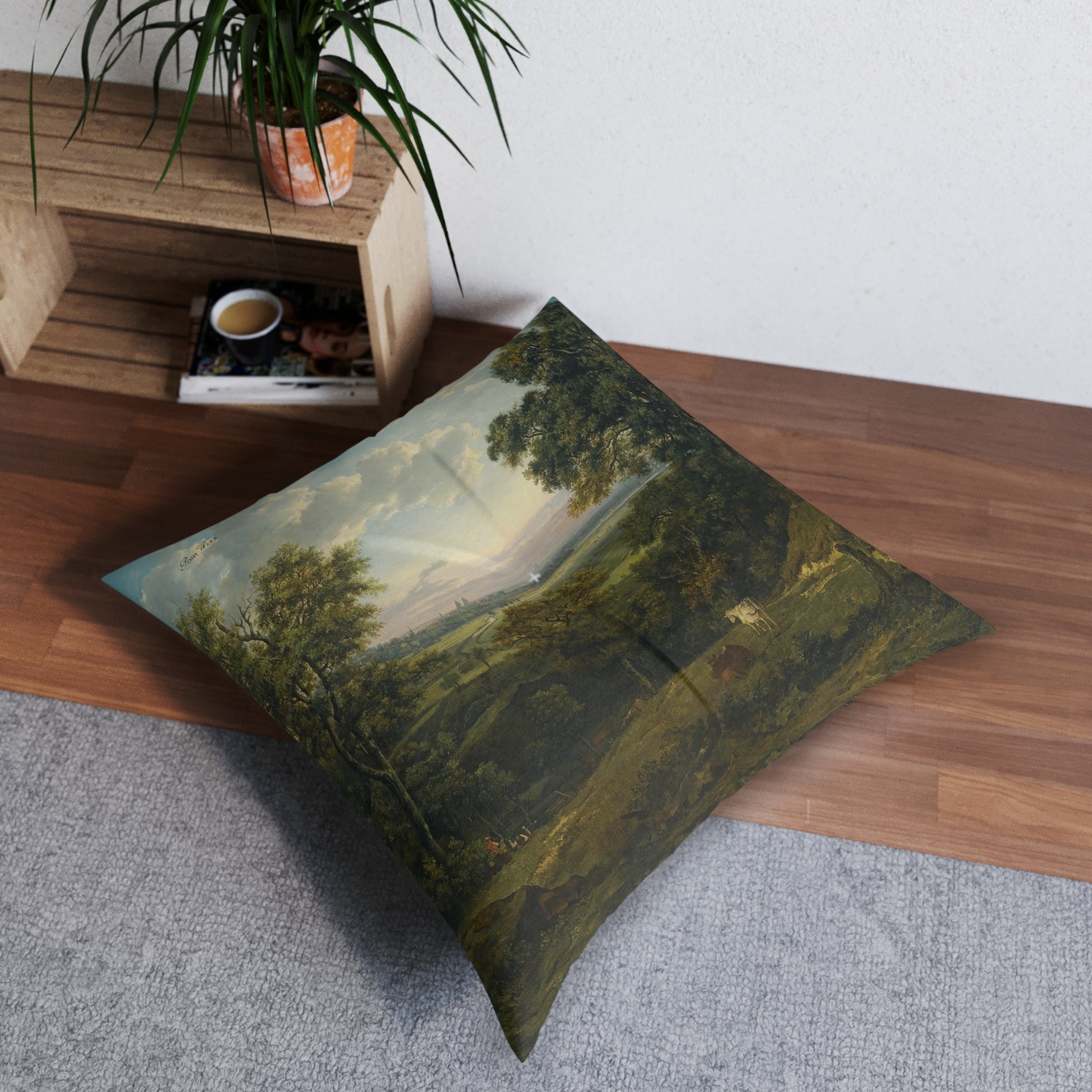 Bucolic Cow Scene Tufted Floor Pillow, Square (2 sizes)