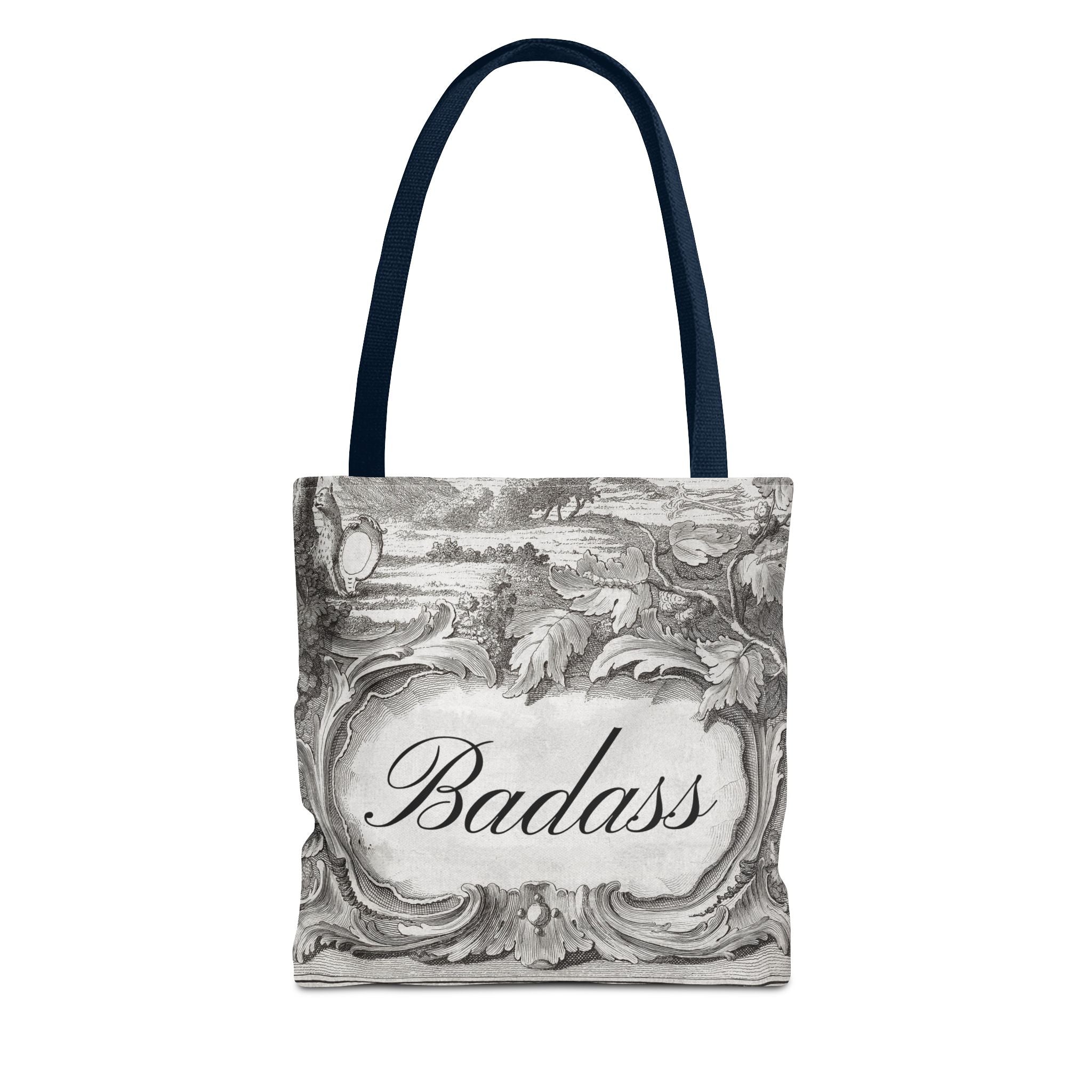 French Toile Cartouche - Badass Tote Bag (3 sizes, 5 handle colors)