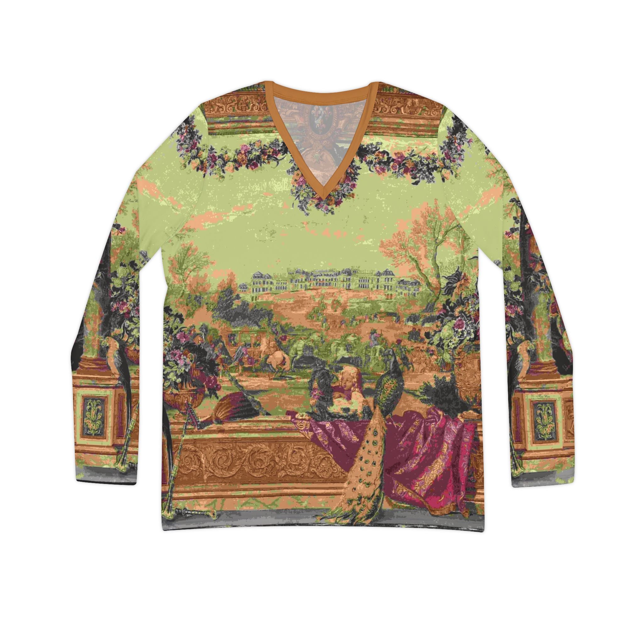 French Tapestry w Peacock and Parrots Women's Long Sleeve V-neck Shirt (8 sizes)