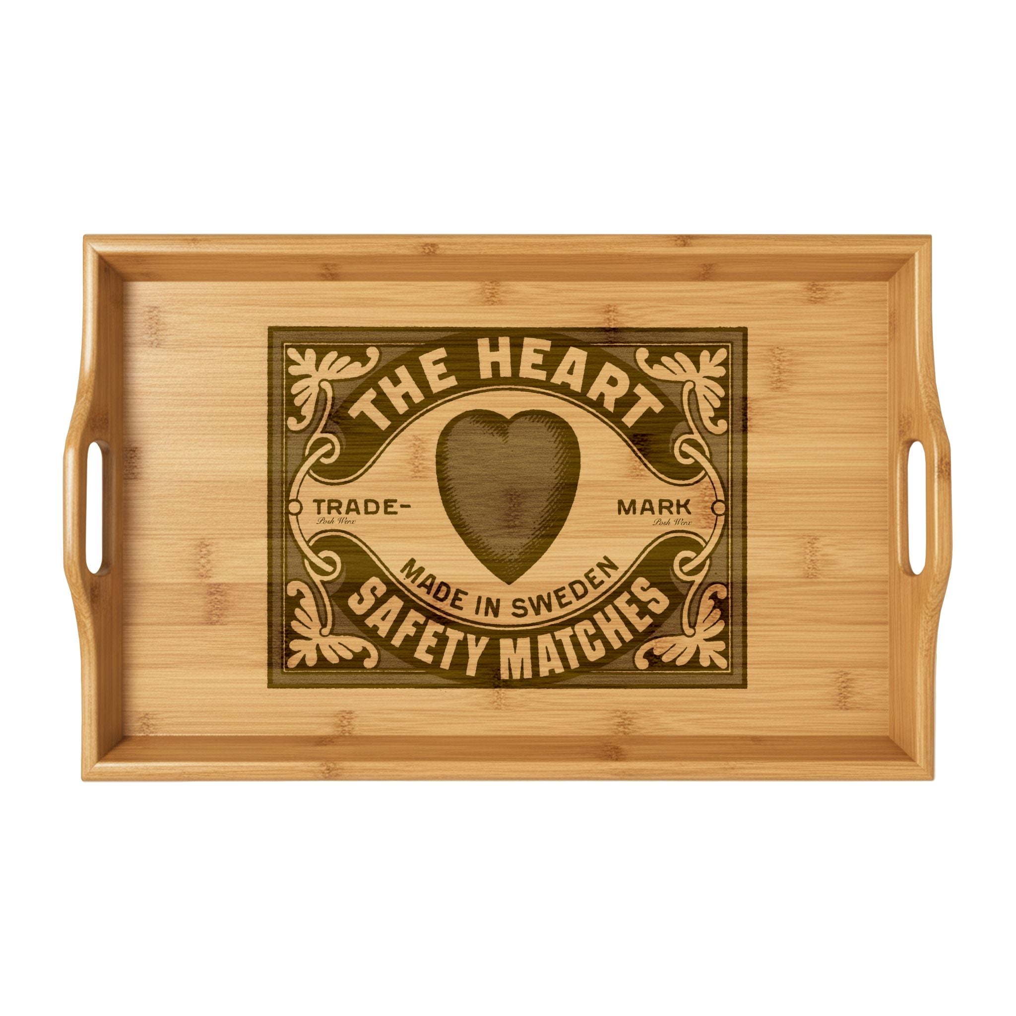 The Heart Vintage Safety Matches Design Engraved Bamboo Serving Tray